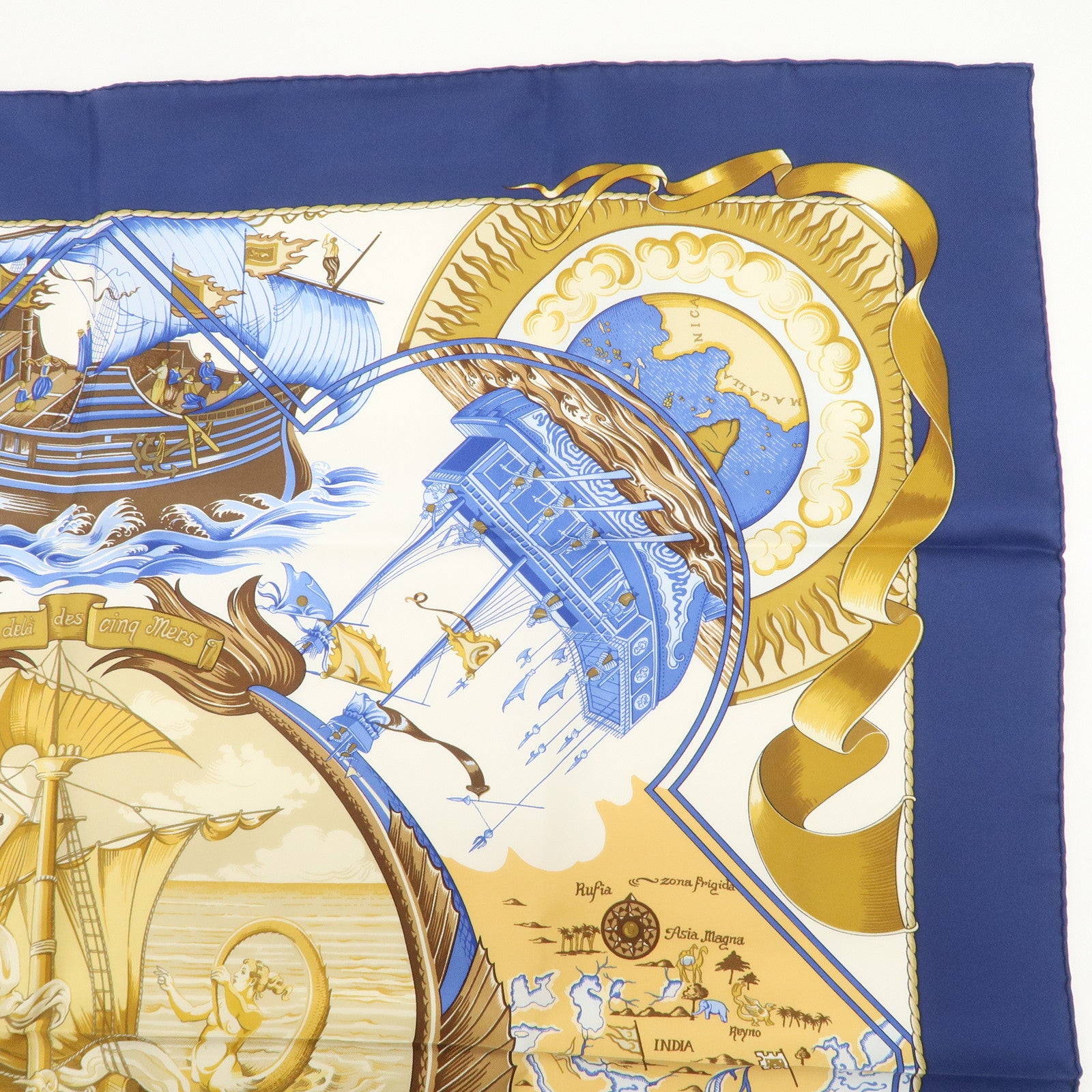 HERMES Carre 90 Silk 100% Scarf Au-dela des cinq mers Navy White