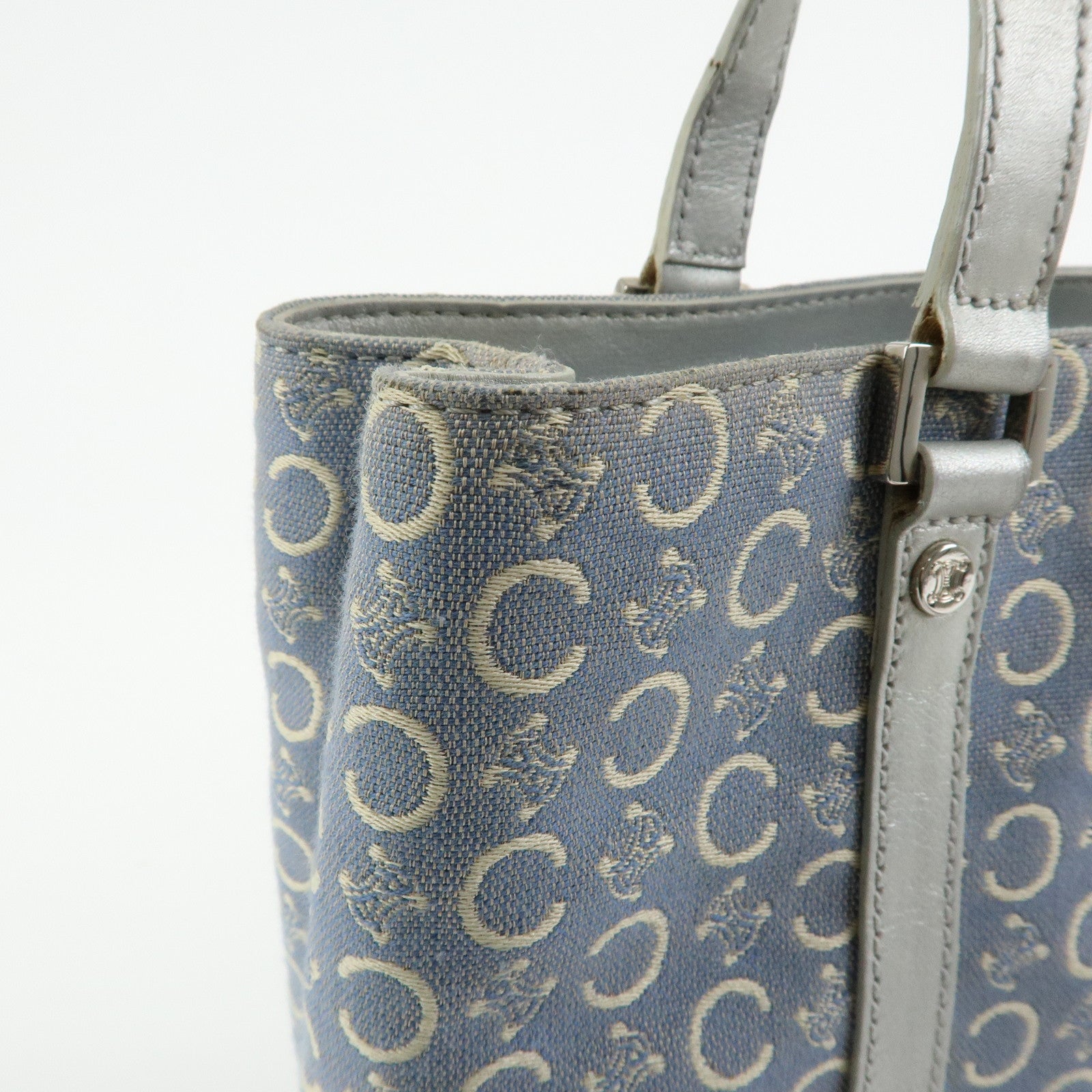 CELINE C Macadam Canvas Leather Tote Bag Hand Bag Light Blue Silver