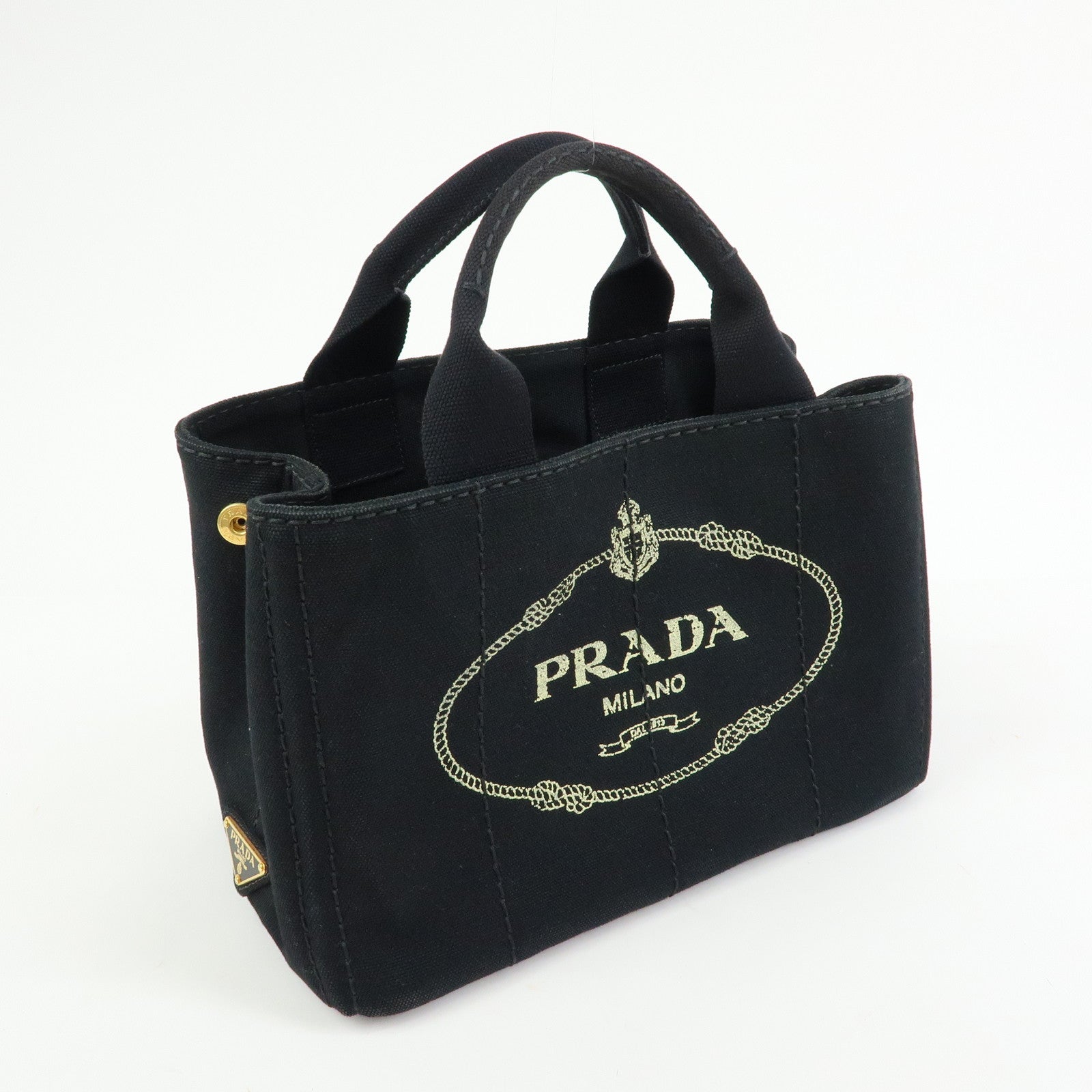PRADA Canapa Triangle Logo Canvas Tote Bag Hand Bag Black