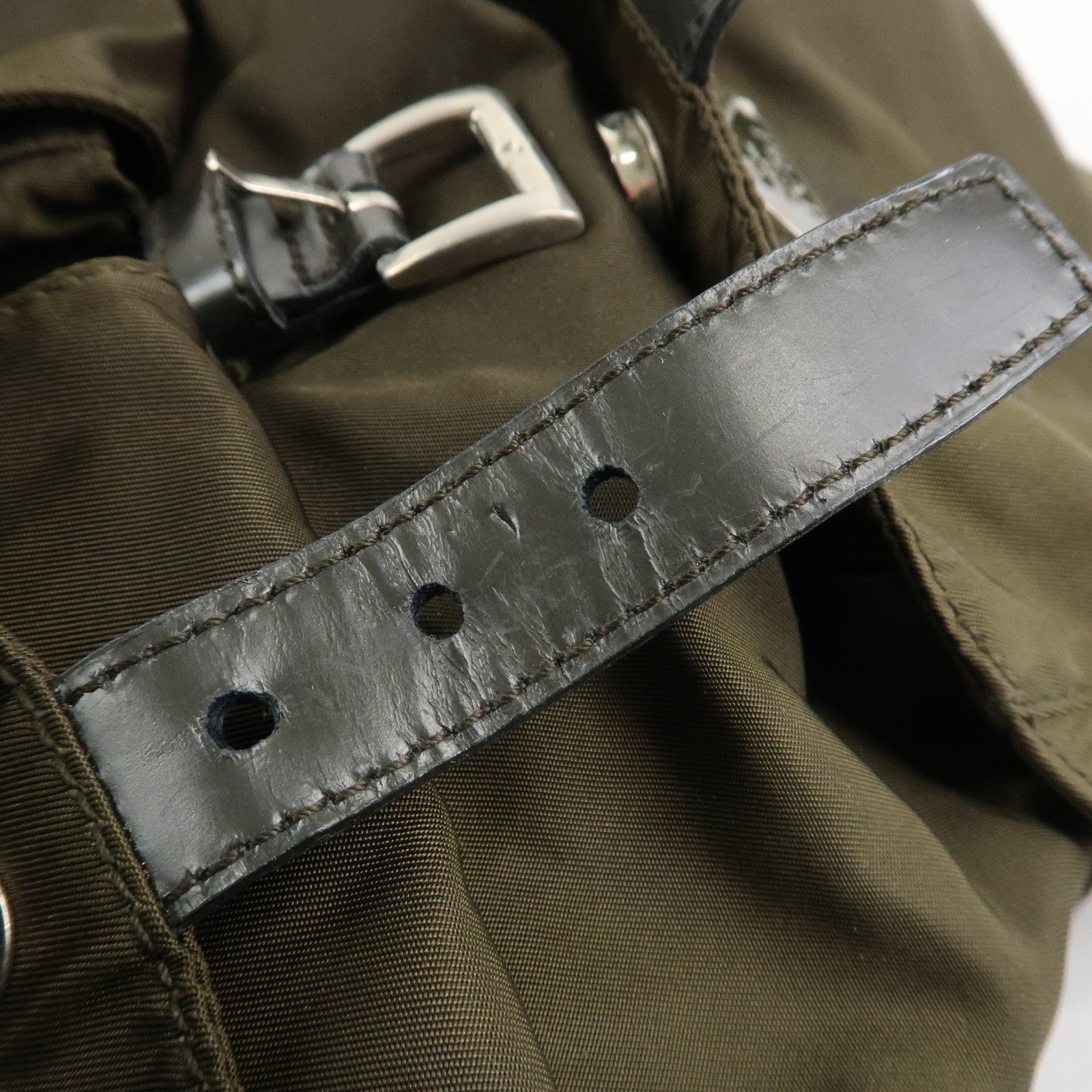 PRADA Triangle Logo Nylon Leather Backpack Rucksack Khaki B6677