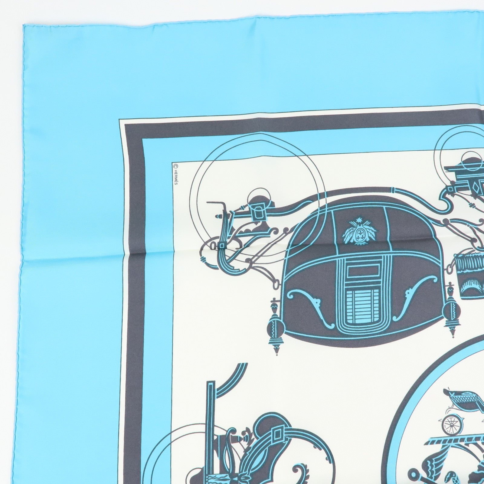 HERMES Carre 90 silk 100% Scarf Ex-Libris light Blue