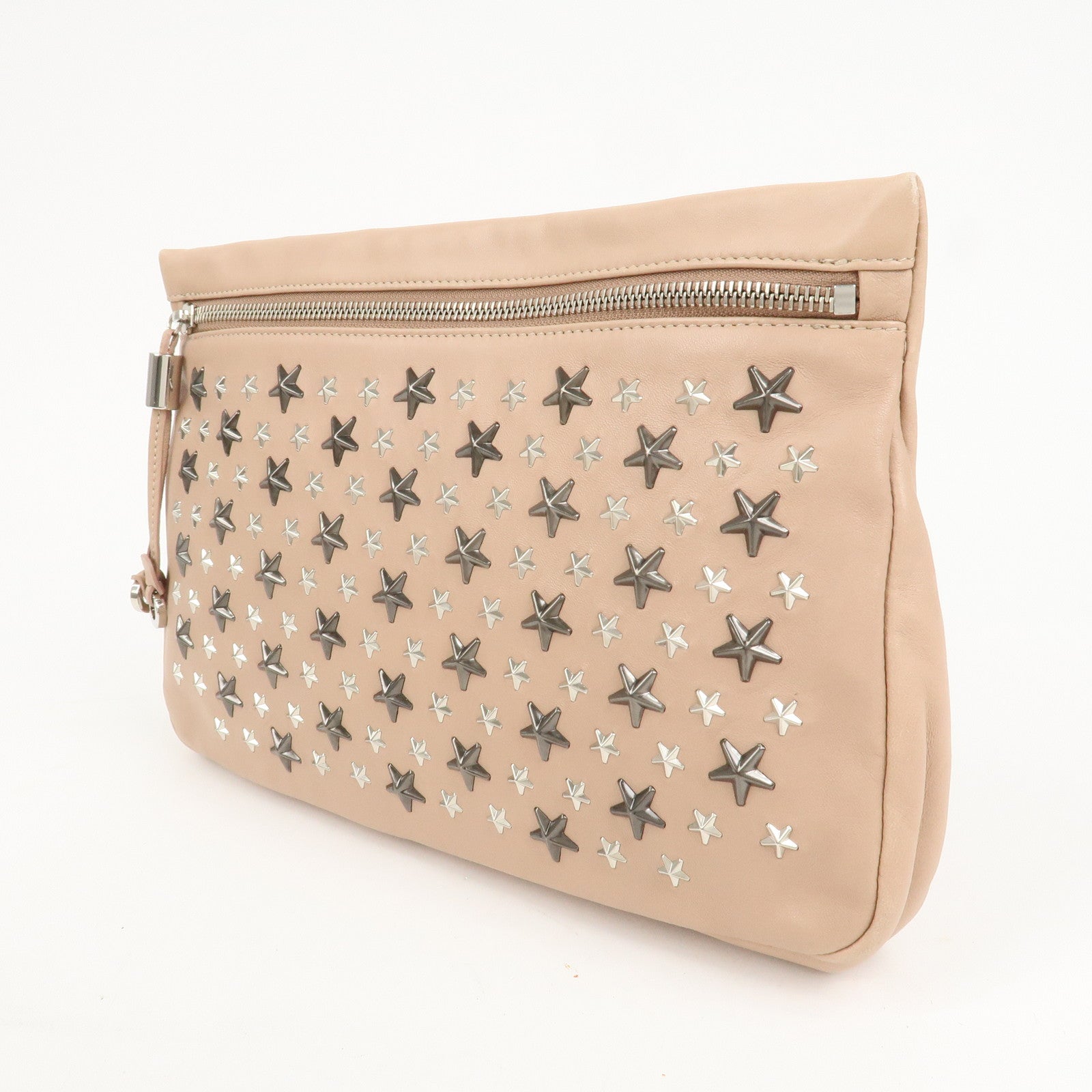 JIMMY CHOO Studs Leather Clutch Bag Hand Bag Pink Beige