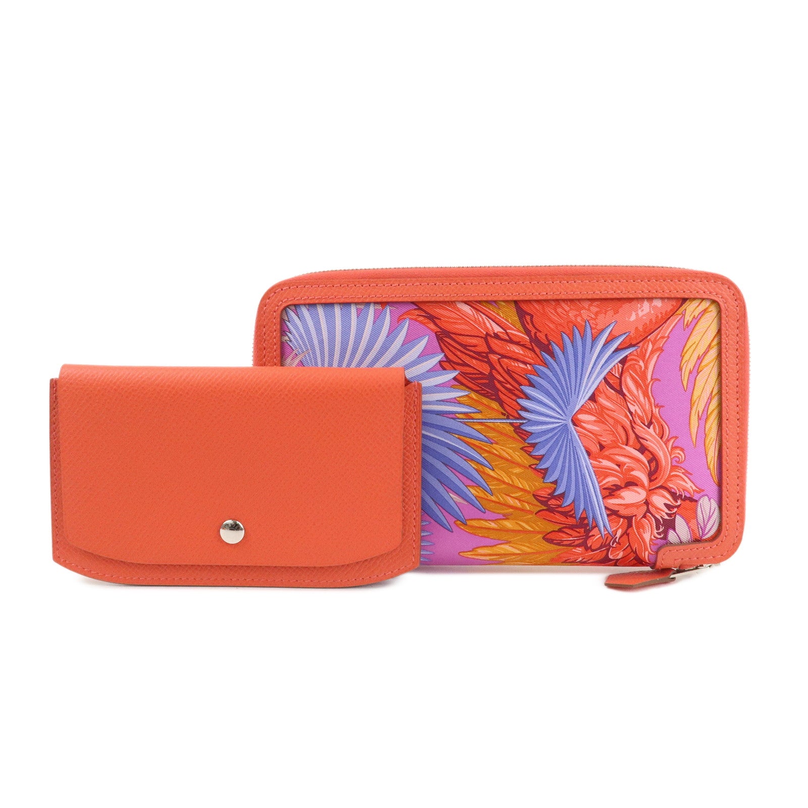 HERMES Soie Cool Flamingo Party Silk Leather Wallet Rose Gype Used