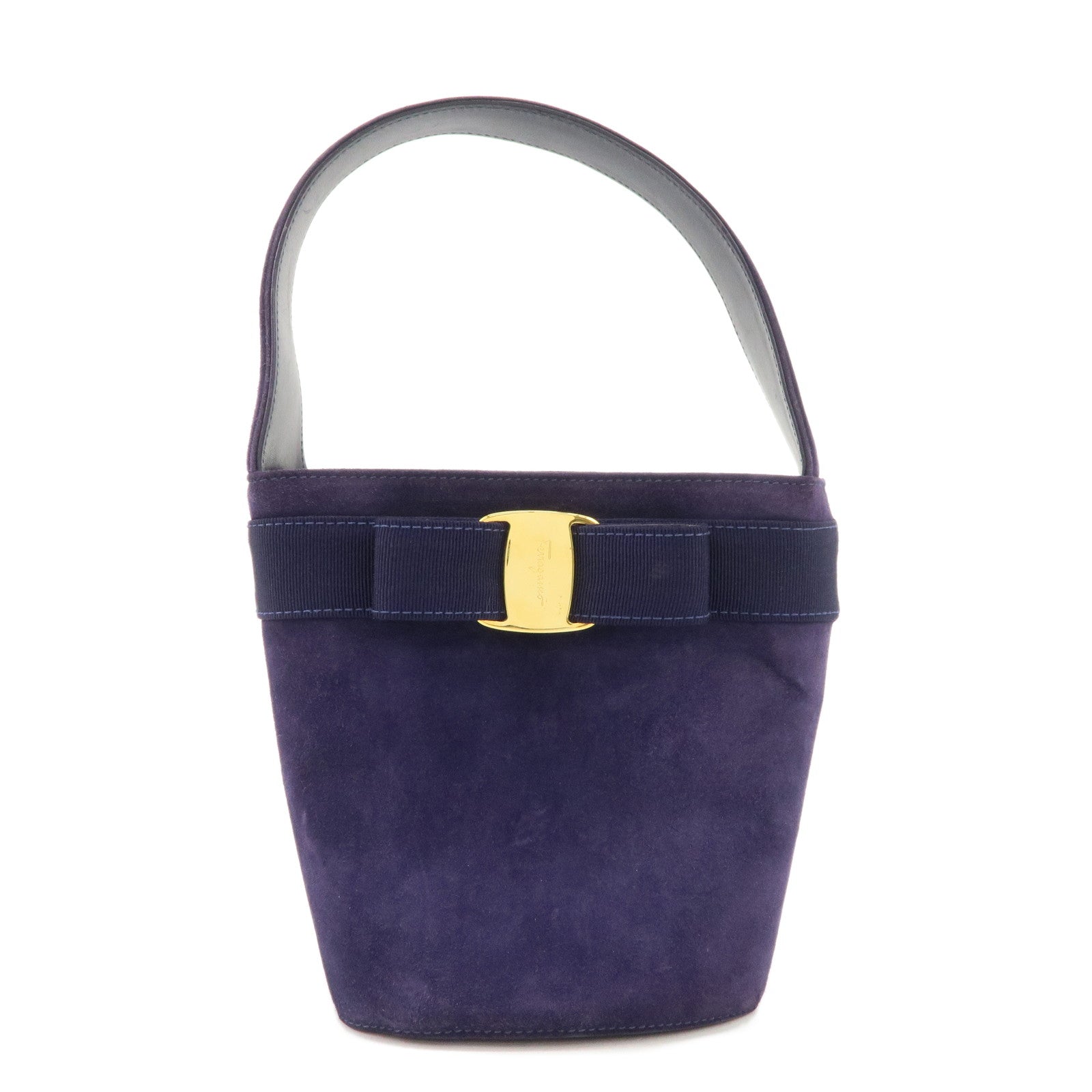 Ferragamo Vara Ribon Suede Hand Bag Purple Gold Hardware