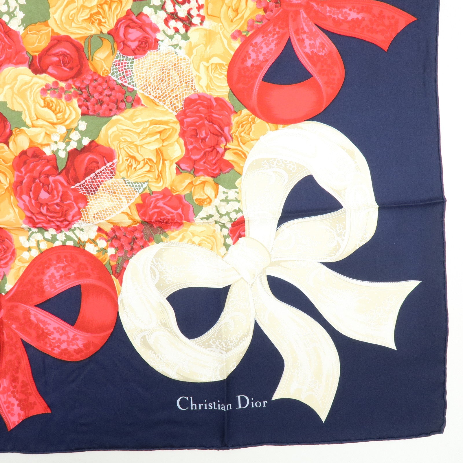 Christian Dior Silk 100% Scarf Flowers Motif Navy Red Orange