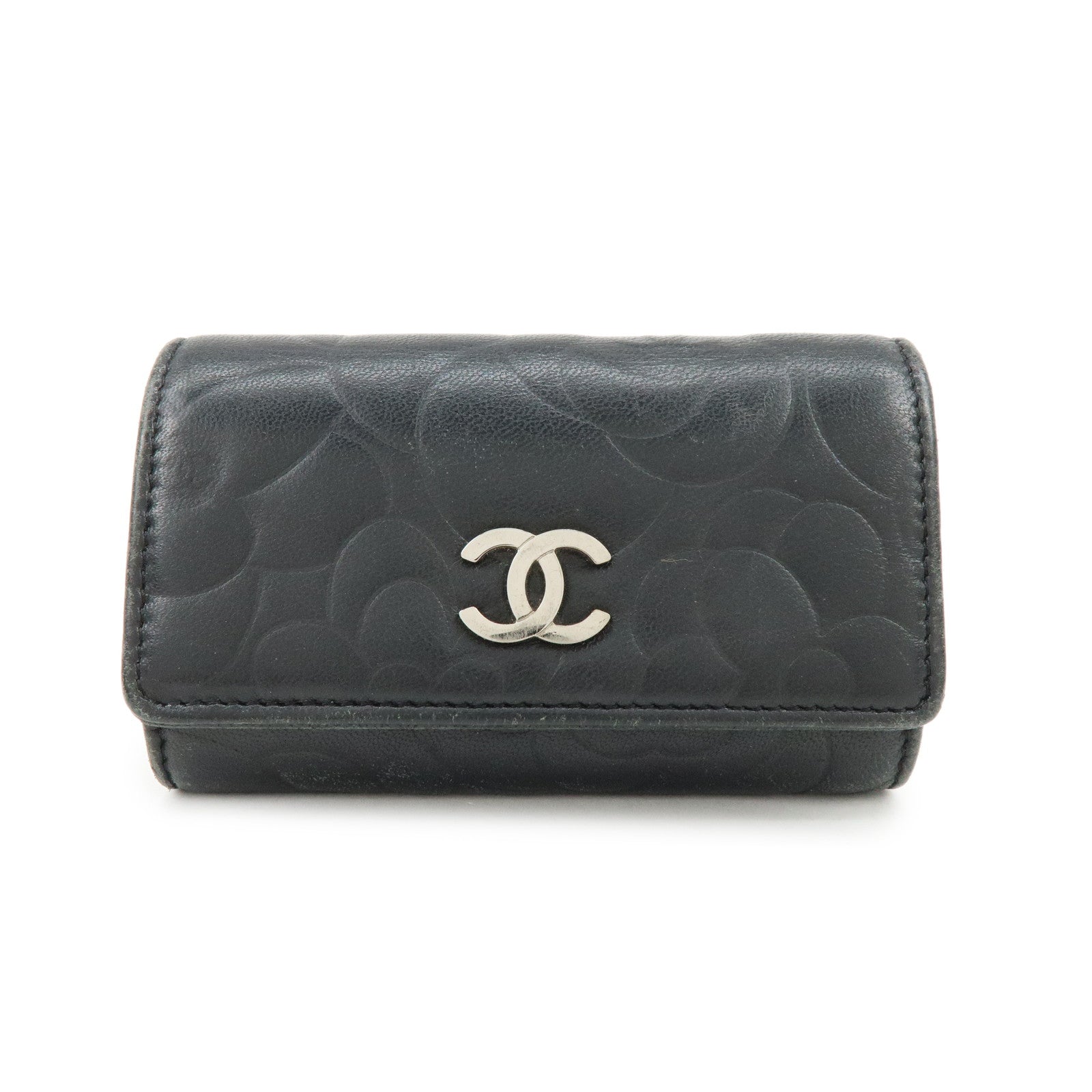 CHANEL Camelia Lamb Skin Leather Key Case Key Holder Black