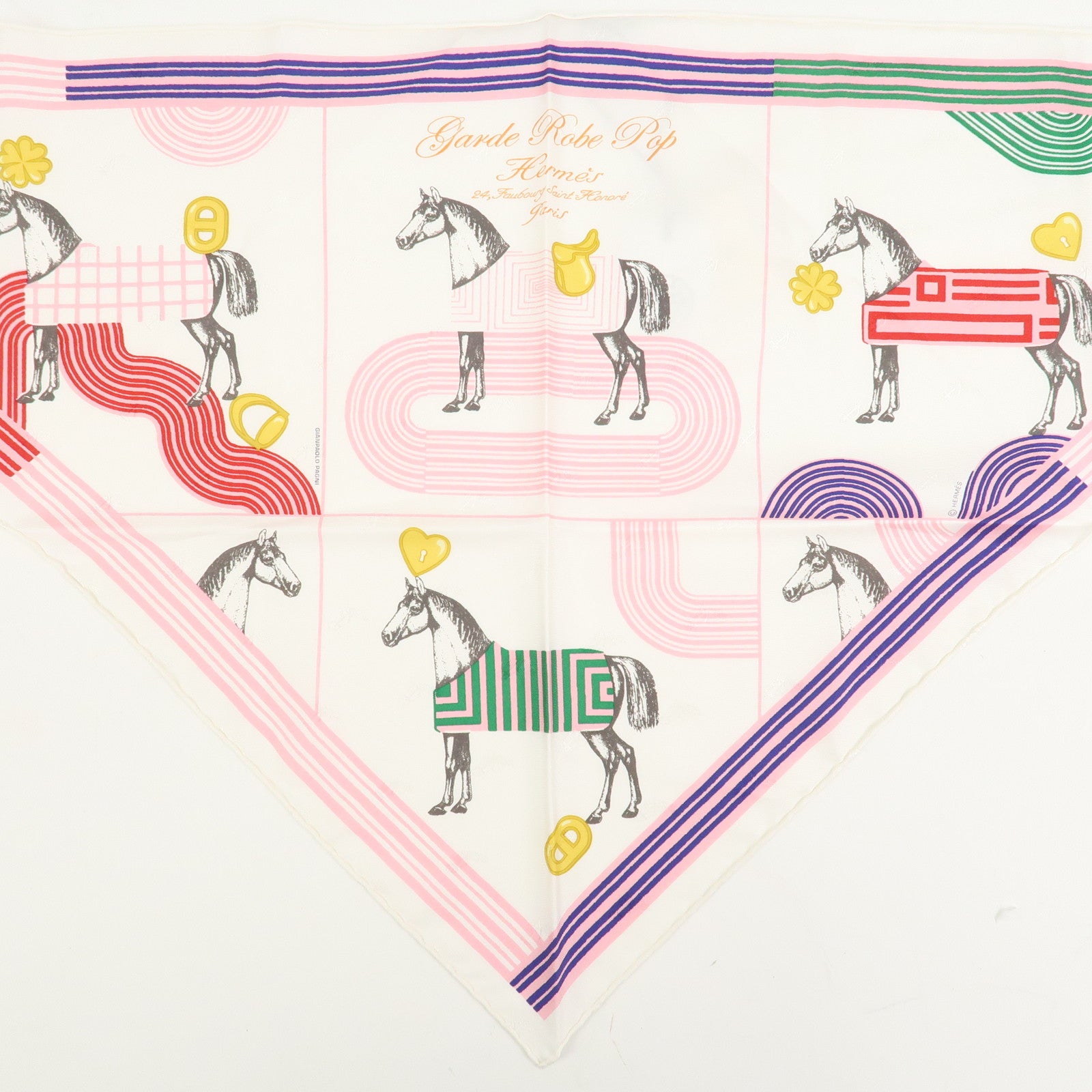 HERMES Pointu Bolduc Silk 100% Scarf Garde Robe Pop White Pink