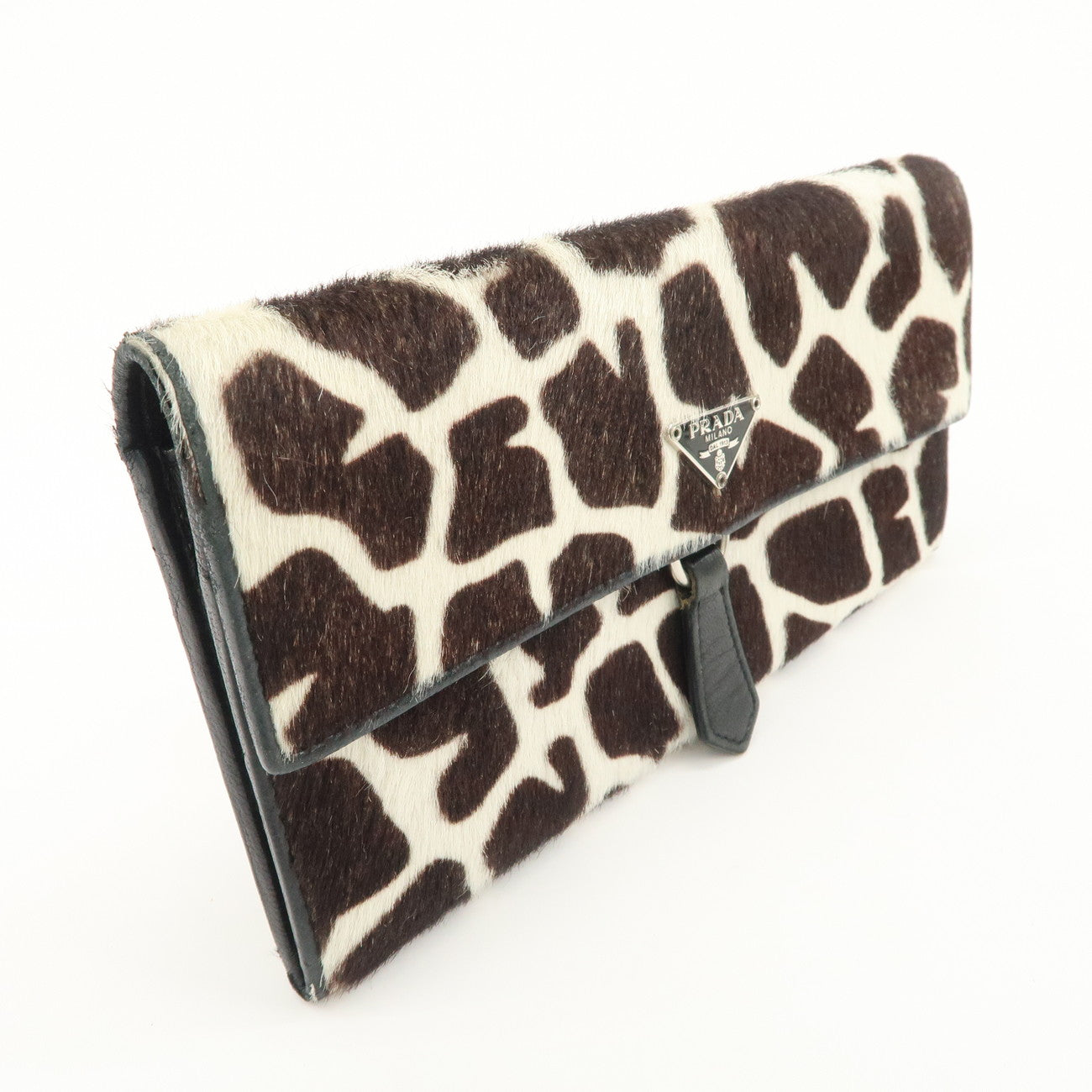 PRADA Unborn Carf Leather Bi-Fold Long Wallet Brown White