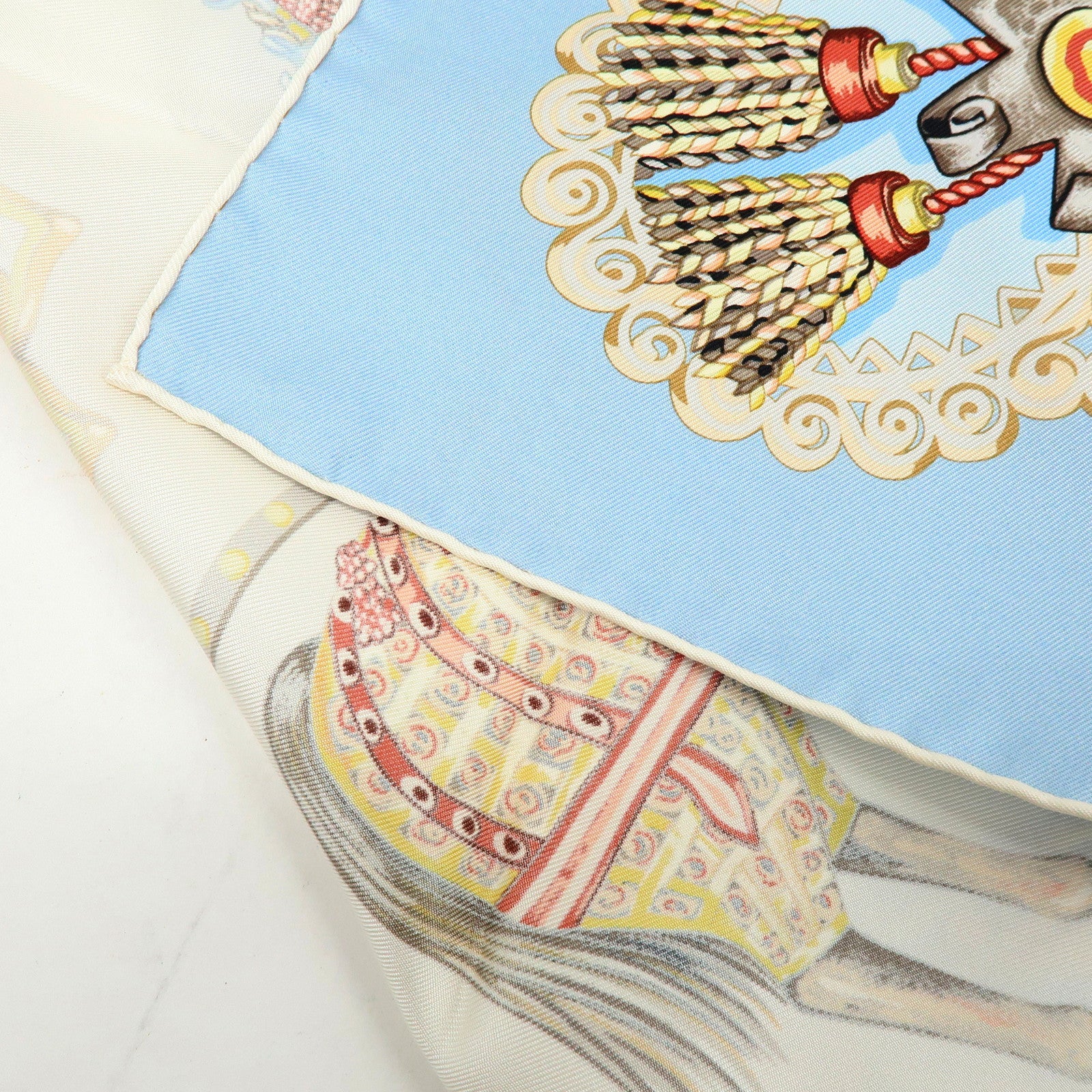 HERMES Carre 90 Silk 100% Scarf PAPEROLLES Light Blue Ivory