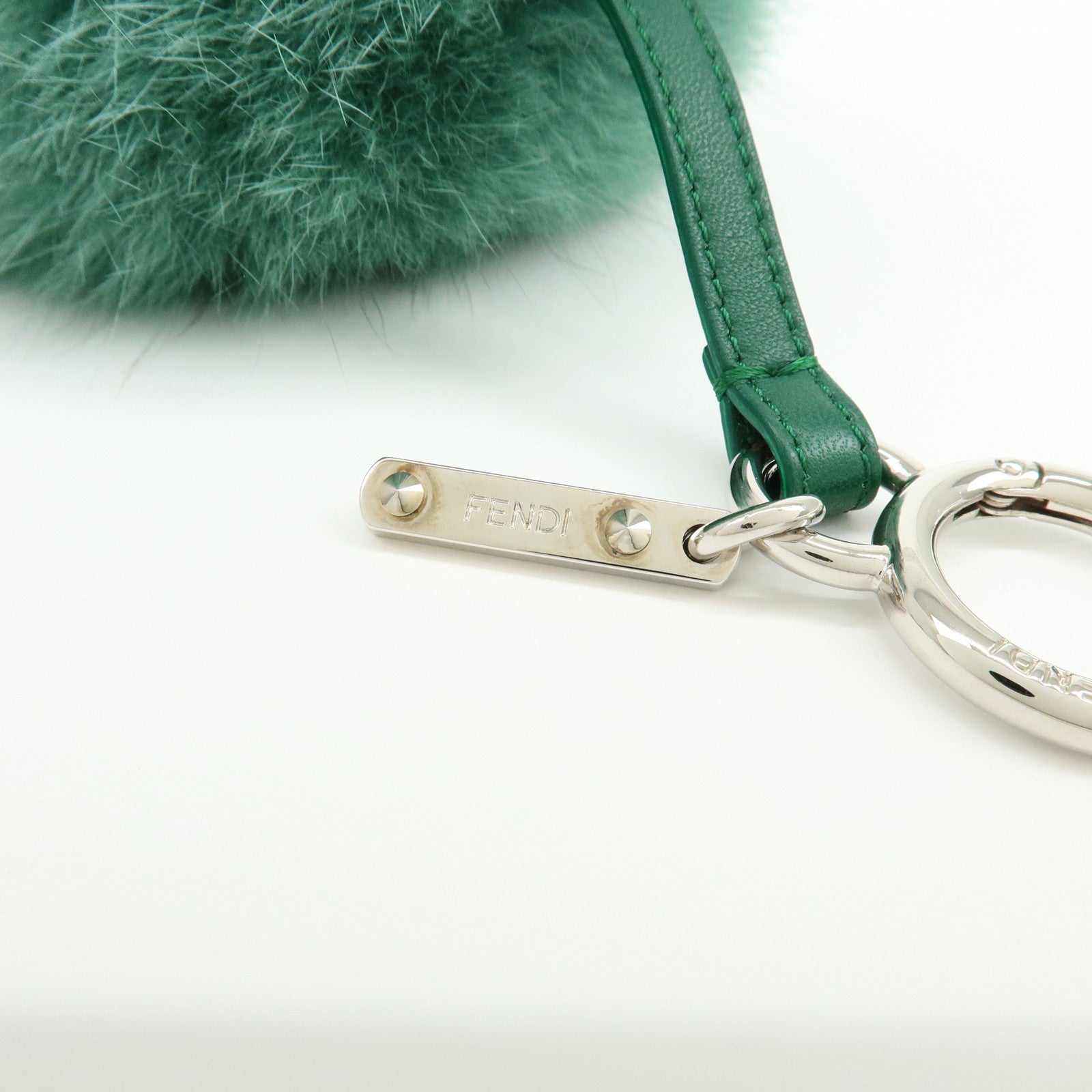 FENDI Pom Pom Fur Metal Key Chain Bag Charm Initial D Green 7AR259