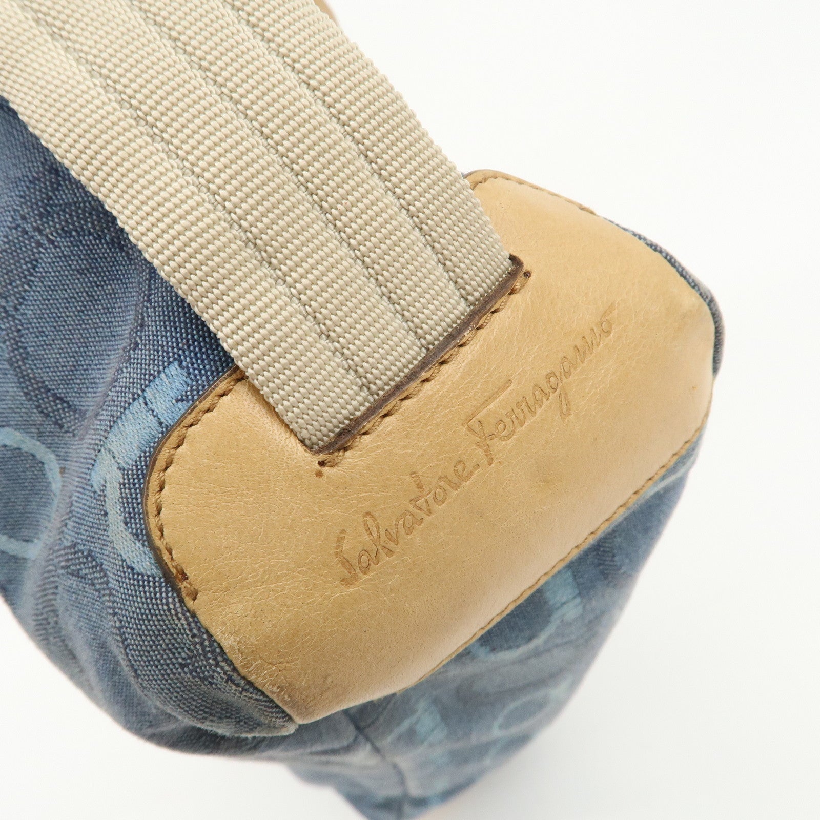 Ferragamo Gancini Canvas Leather Shoulder Bag Hand Bag Blue Beige