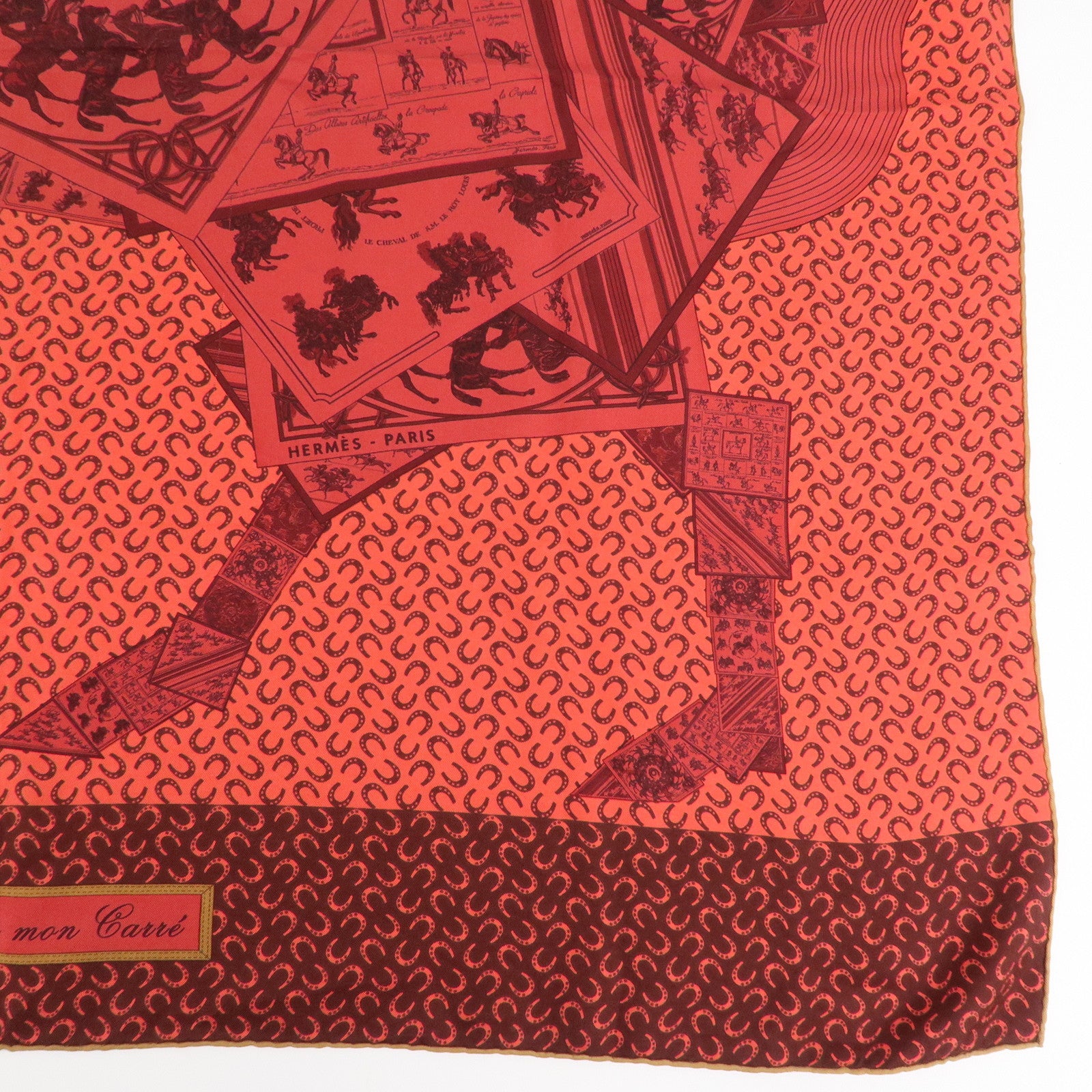HERMES Carre 90 Silk 100% Scarf  Porte Bonheur Horse Pattern Red Used