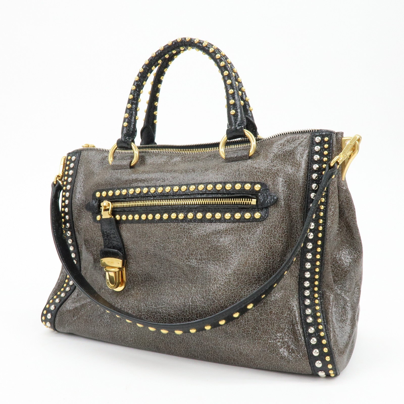 PRADA Triangle Logo Leather 2Way Bag Hand Bag Shoulder Bag Brown