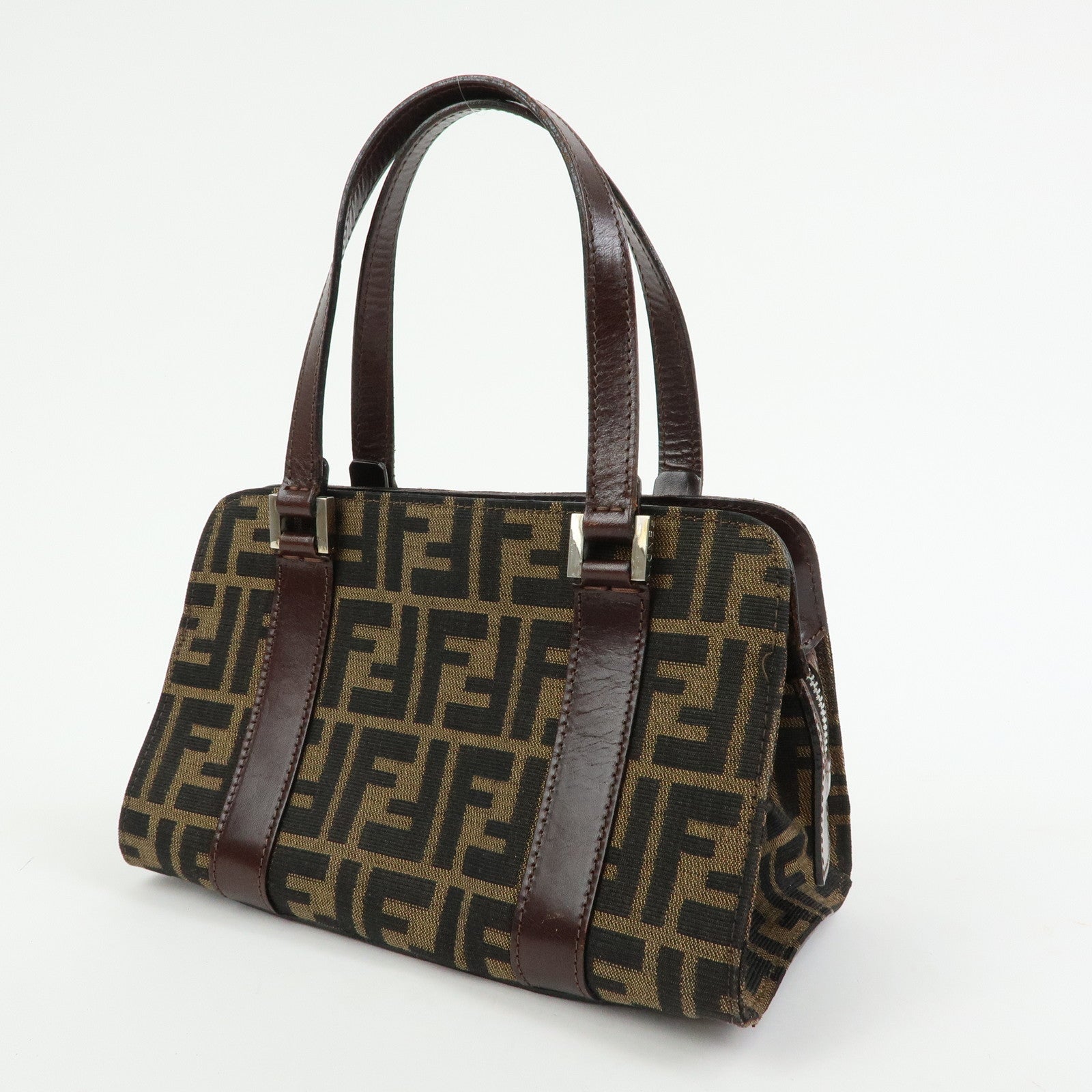 FENDI Zucca Jacquard Canvas Leather Top Handle Hand Bag Brown