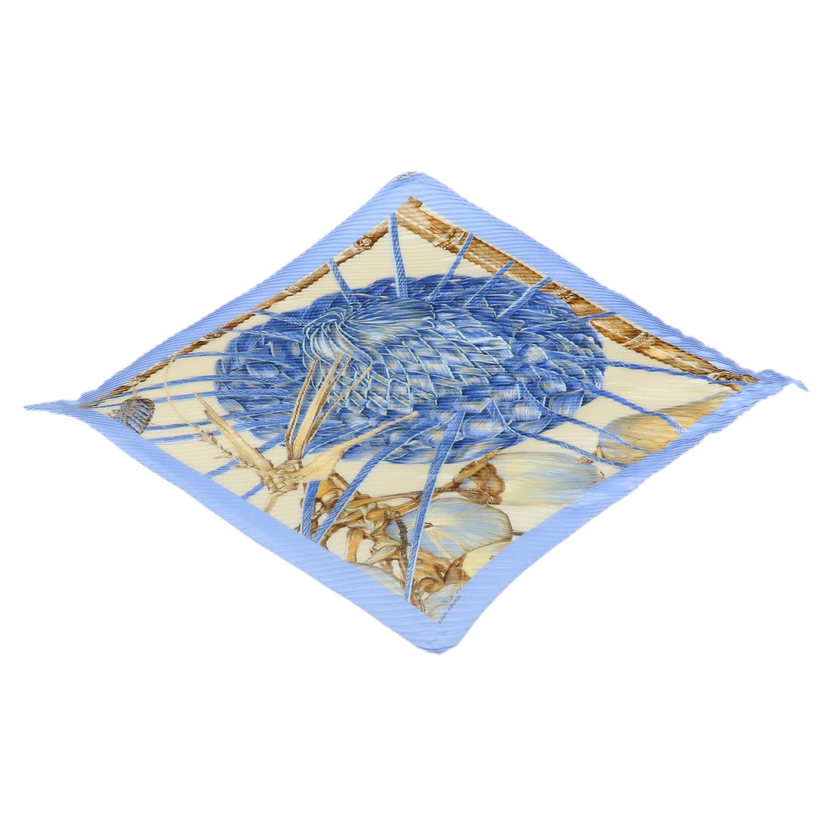 HERMES Pleated Carre 90 Silk 100% Scarf Jardin Creole Light Blue