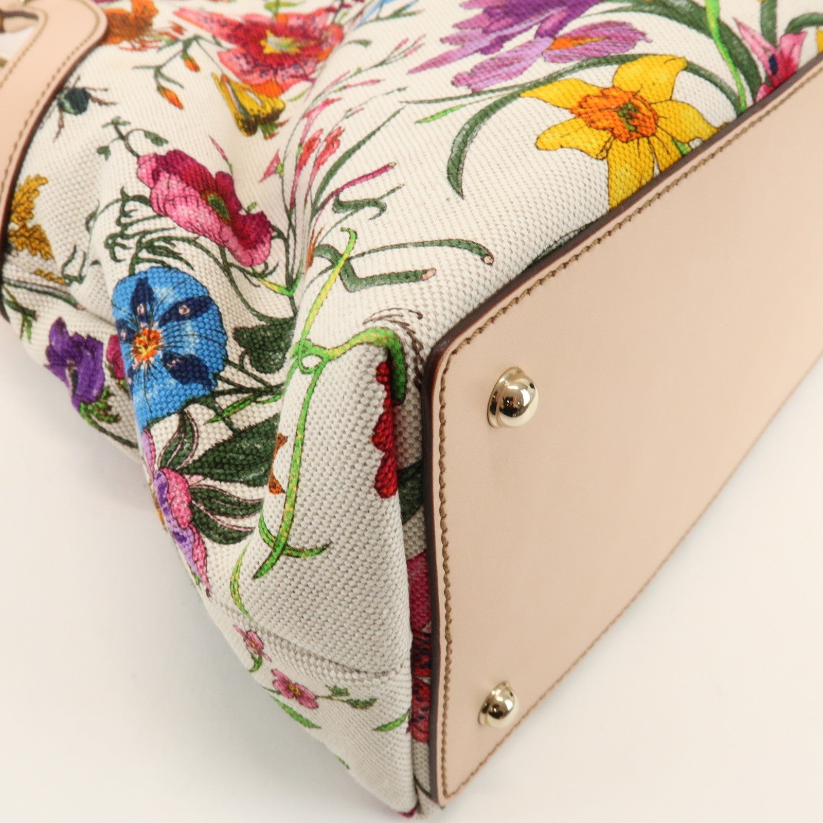 GUCCI Bamboo Flora Canvas Leather Hand Bag Multicolor Beige 137395