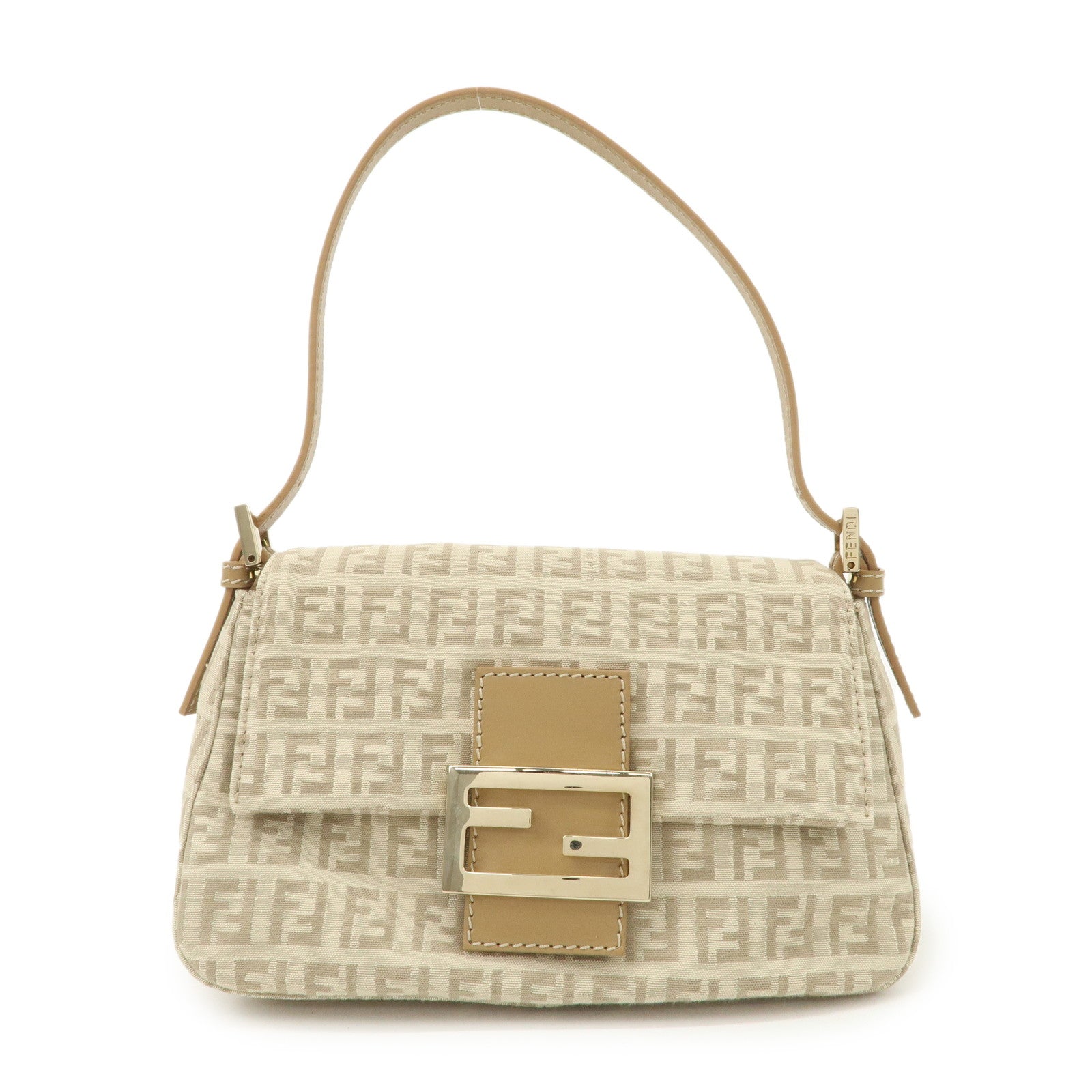 FENDI Mini Mamma Baguette Zucchino Canvas Leather Shoulder Bag Beige 8BR180