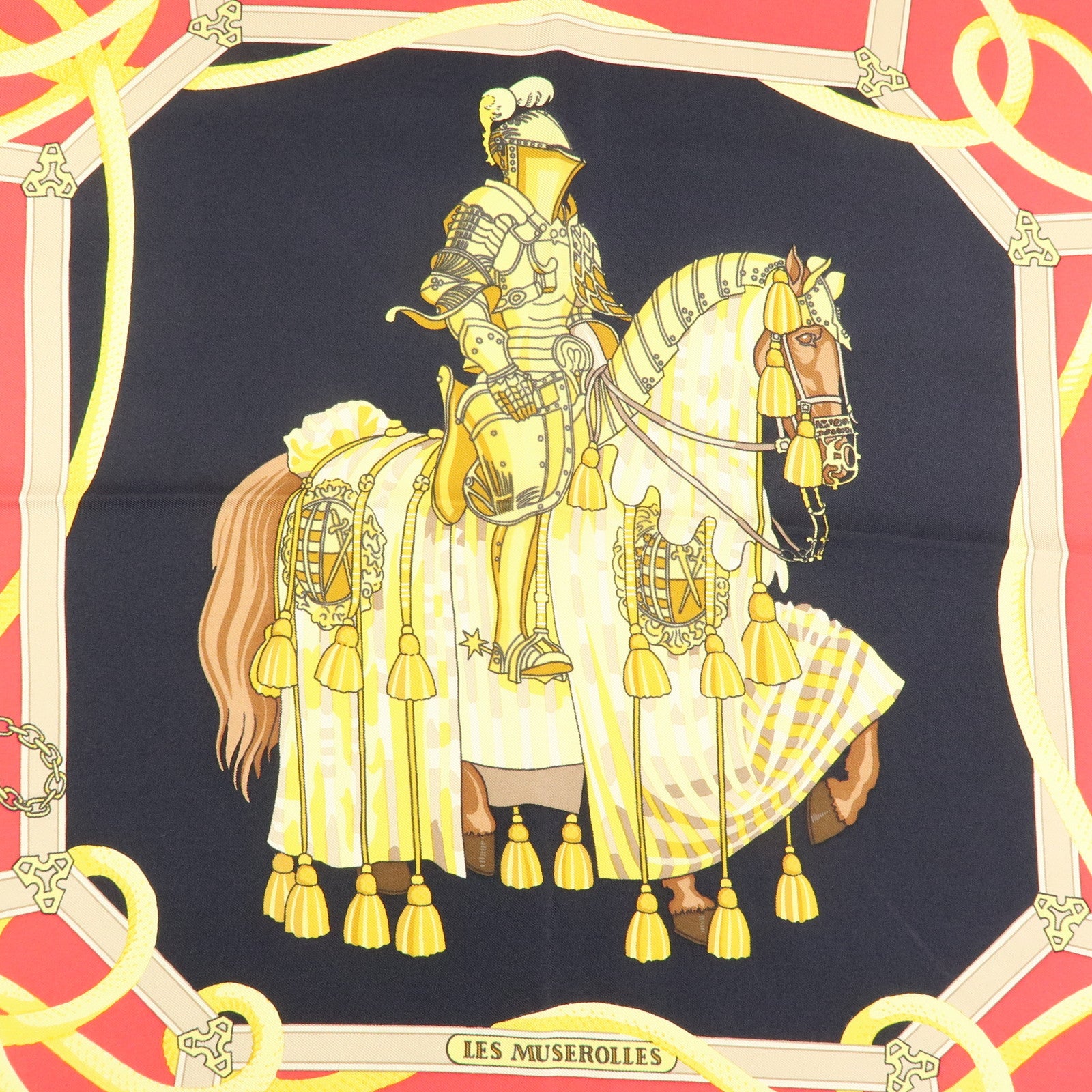 HERMES Carre 90 Silk 100% Scarf LES MUSEROLLES Black Red Gold
