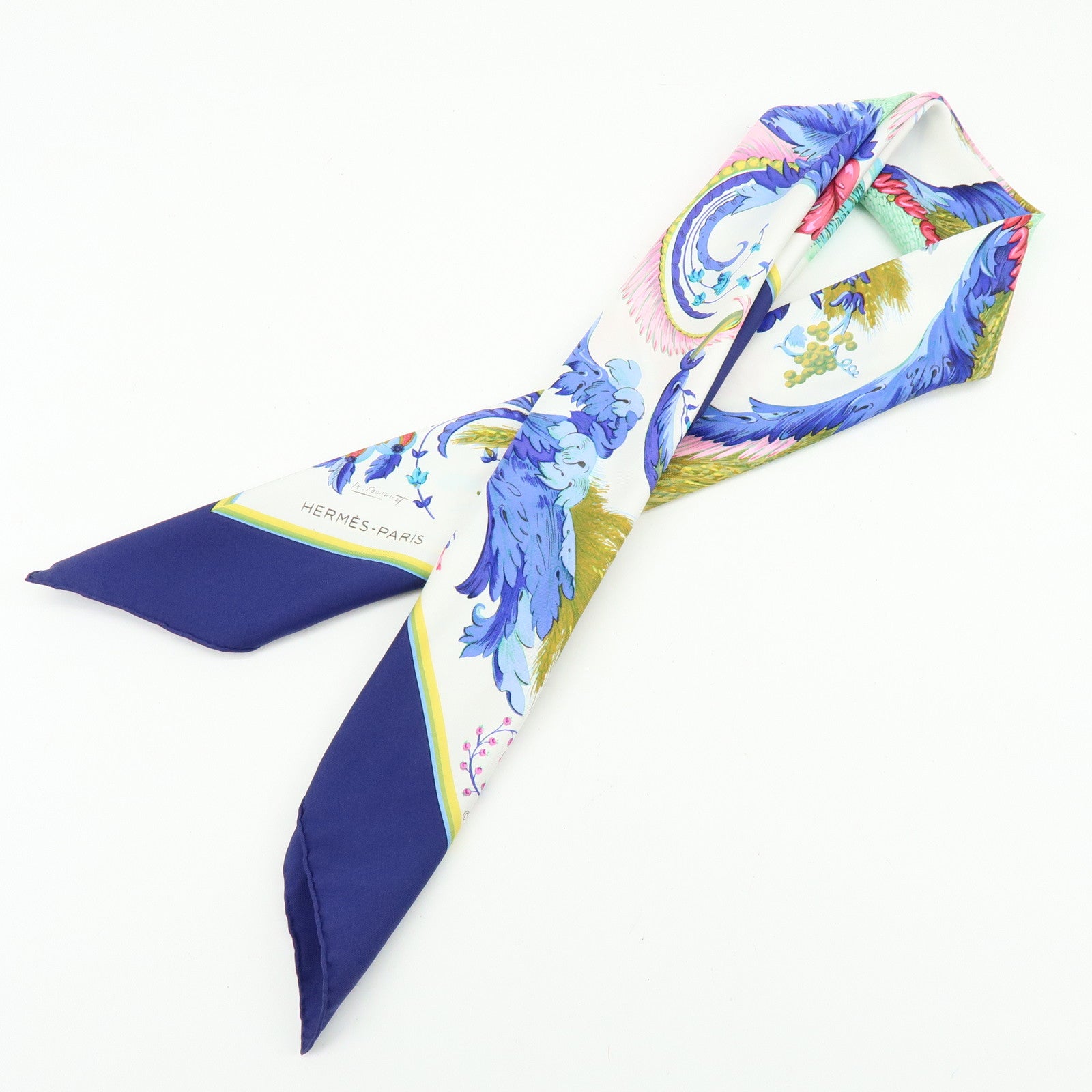 HERMES Carre 90 Silk 100% Scarf CERES White Blue Navy