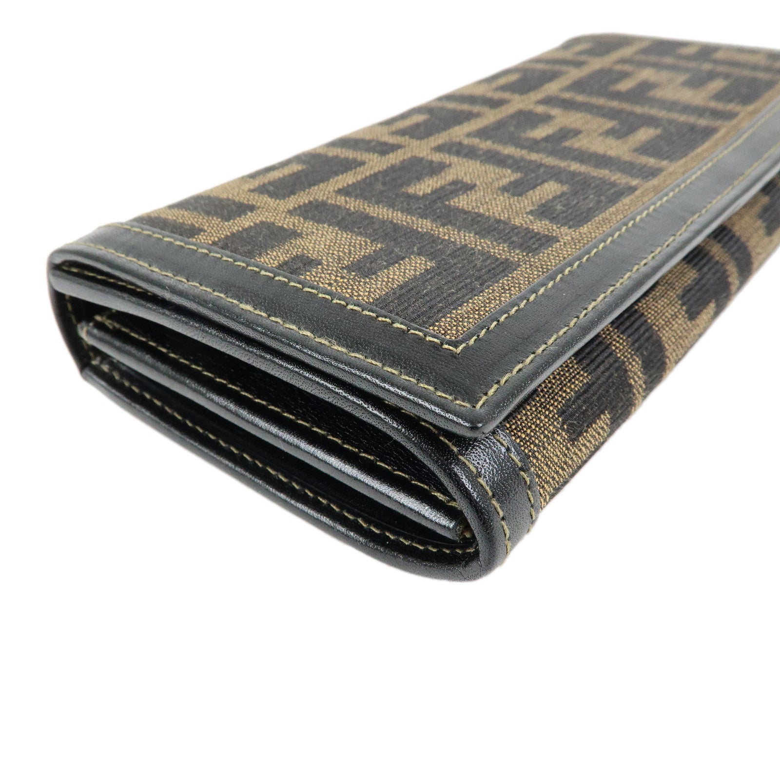 FENDI Zucca Canvas Leather Long Flap Wallet Brown Black 30851