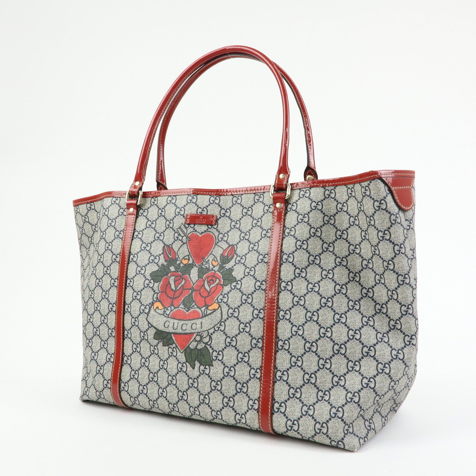 GUCCI JOY Collection GG Supreme Patent Leather Tote Bag Navy Red