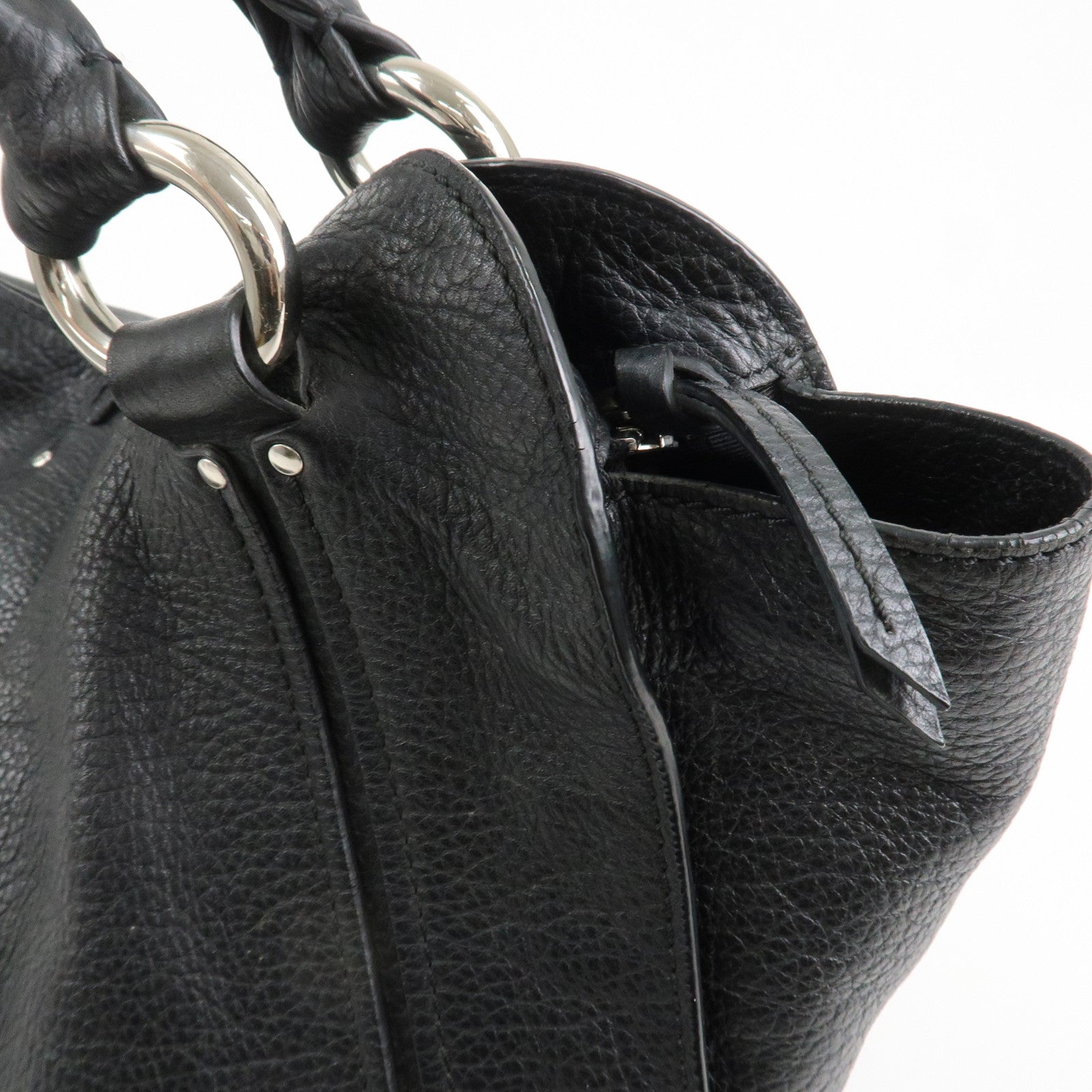 CELINE  Leather Hand Bag Shoulder Bag Black Silver HDW Used