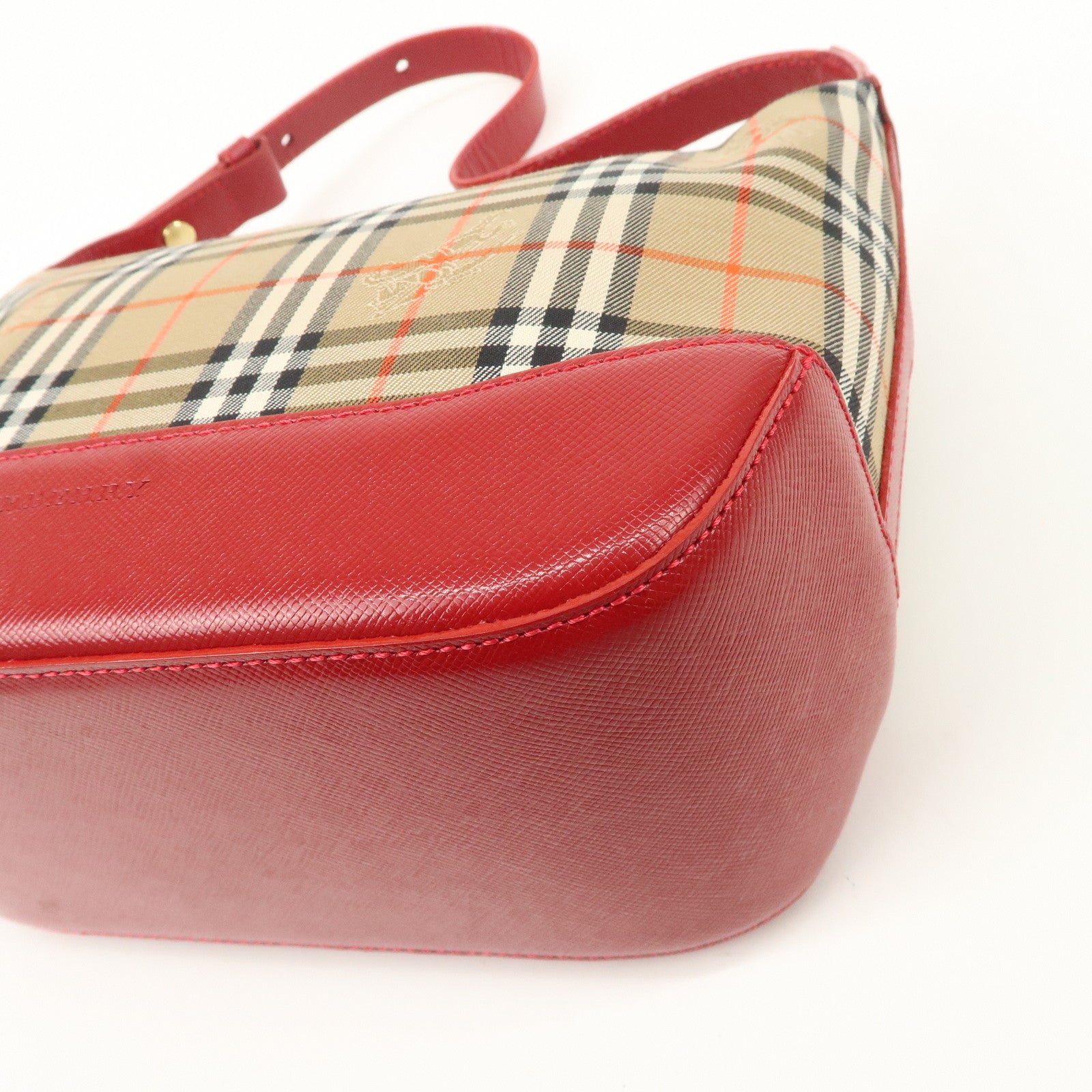 BURBERRY Canvas Leather Nova Plaid Shoulder Bag Hand Bag Beige Red