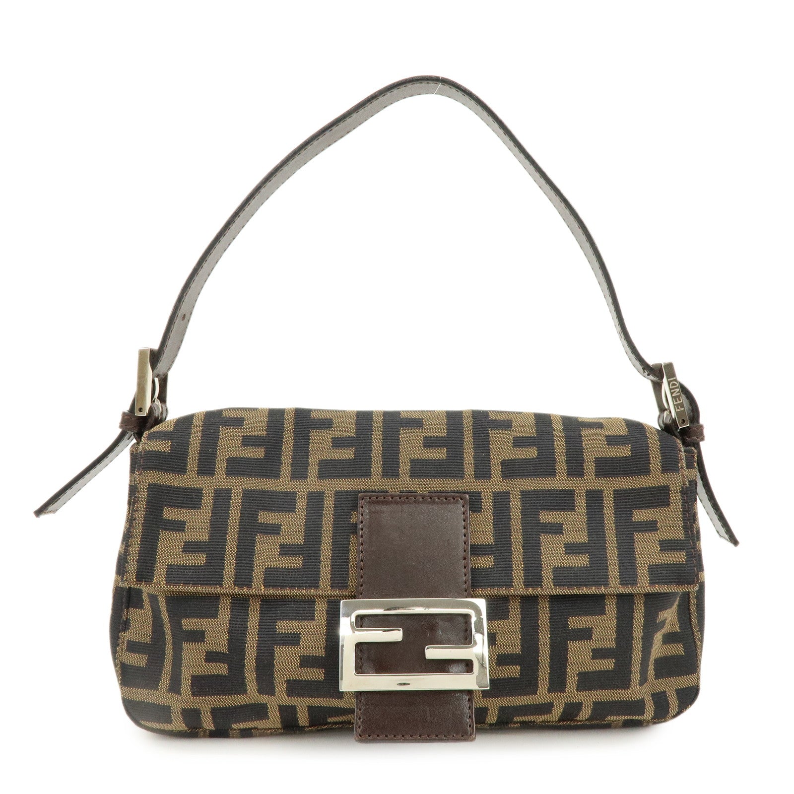 FENDI Mamma Baguette Zucca Canvas Leather Shoulder Bag Brown 8BR000