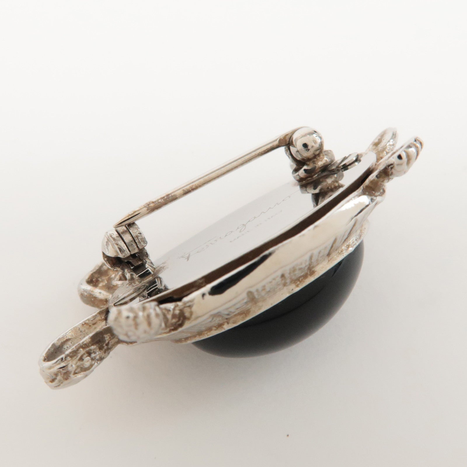 Ferragamo Metal Stone Accessory Turtle Brooch Silver Black