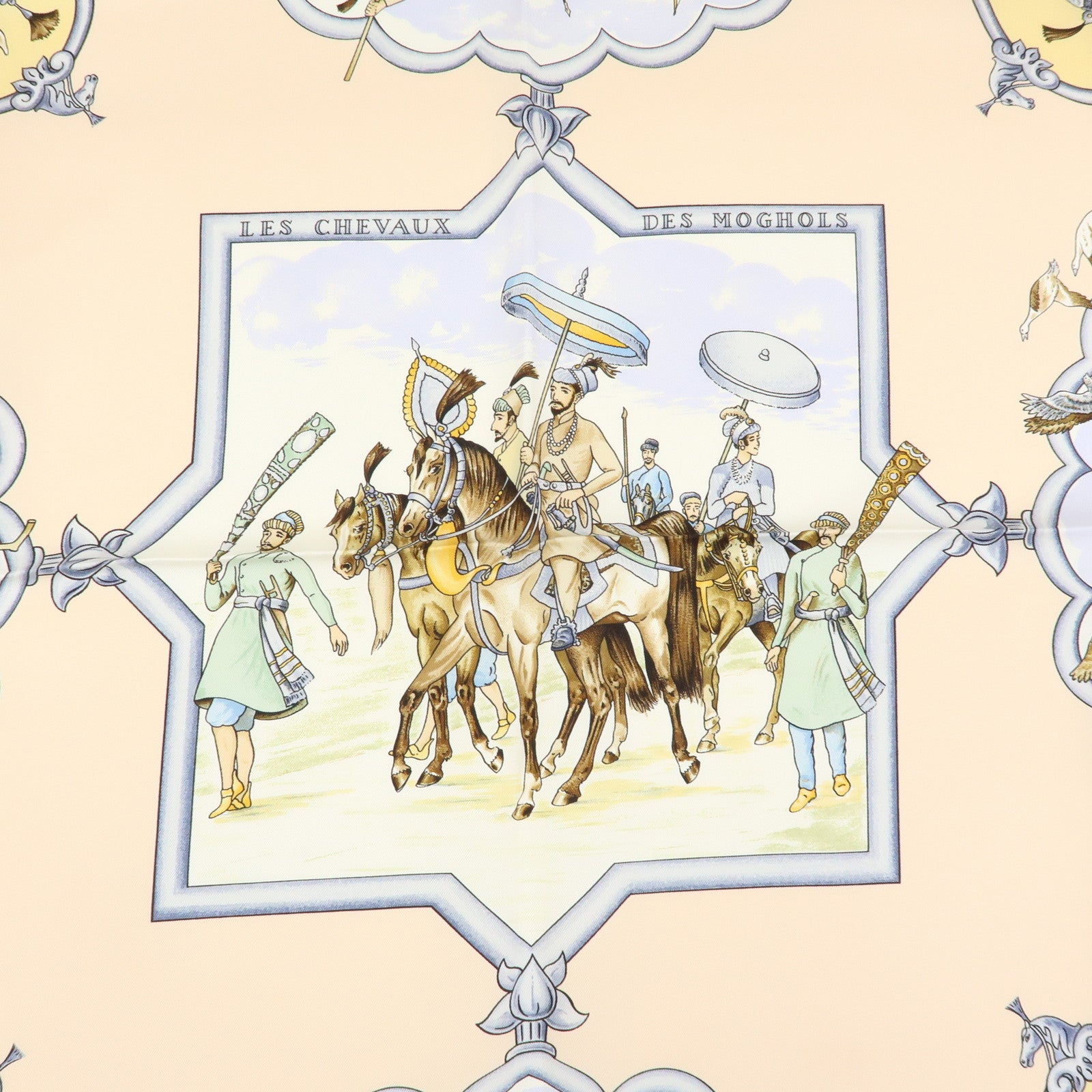 HERMES Carre 90 Silk 100% Scarf LES CHEVAUX DES MOGHOLS Pink Beige