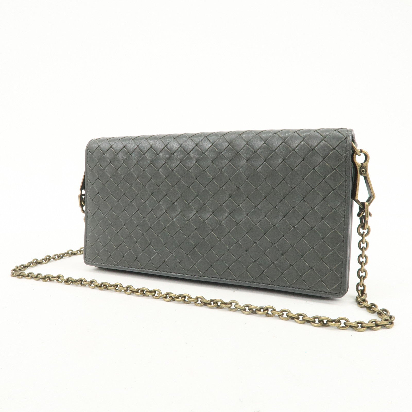 BOTTEGA VENETA Intrecciato Leather Chain Long Wallet Gray