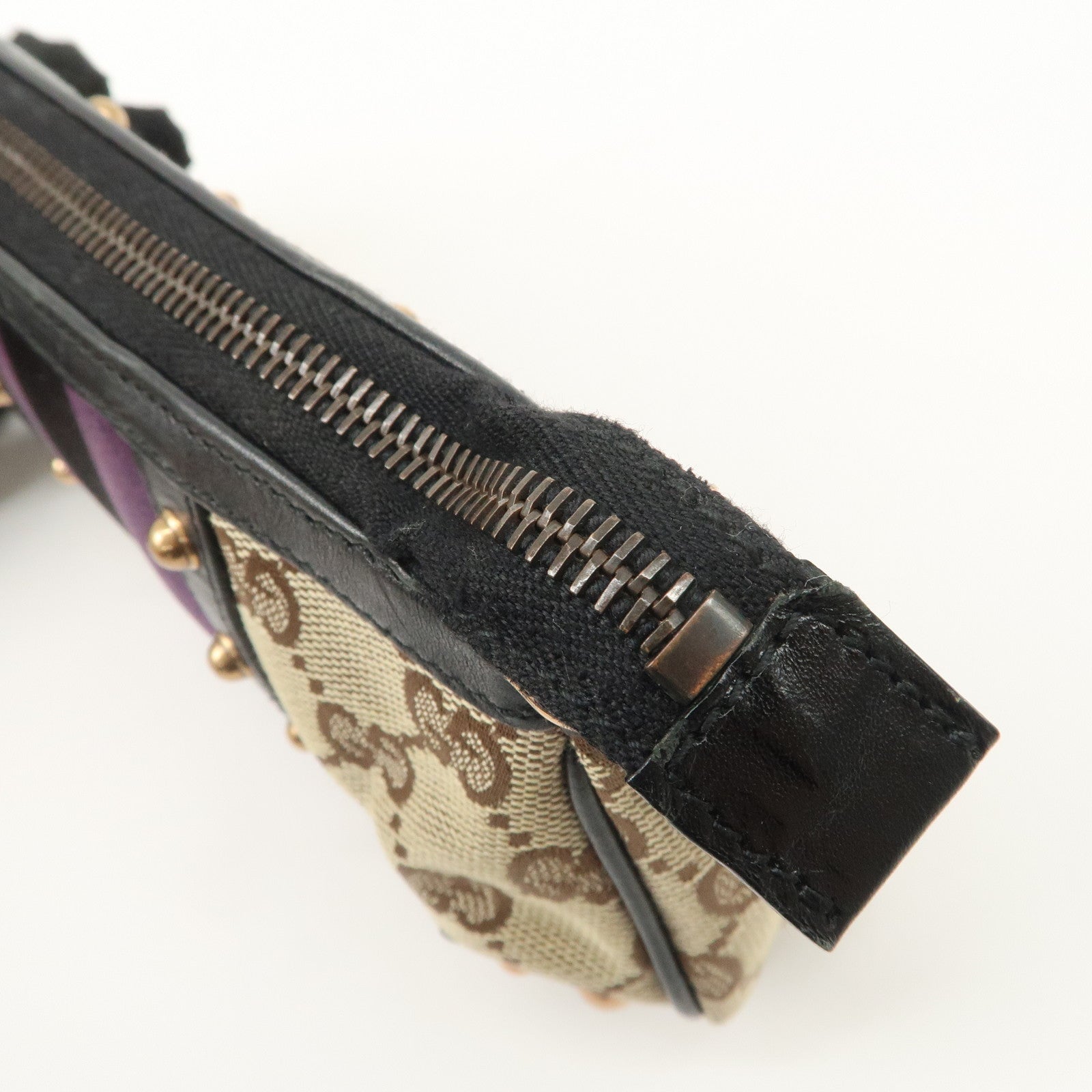 GUCCI Sherry Bamboo GG Canvas Leather Chain Bag Black Purple 129423 Used