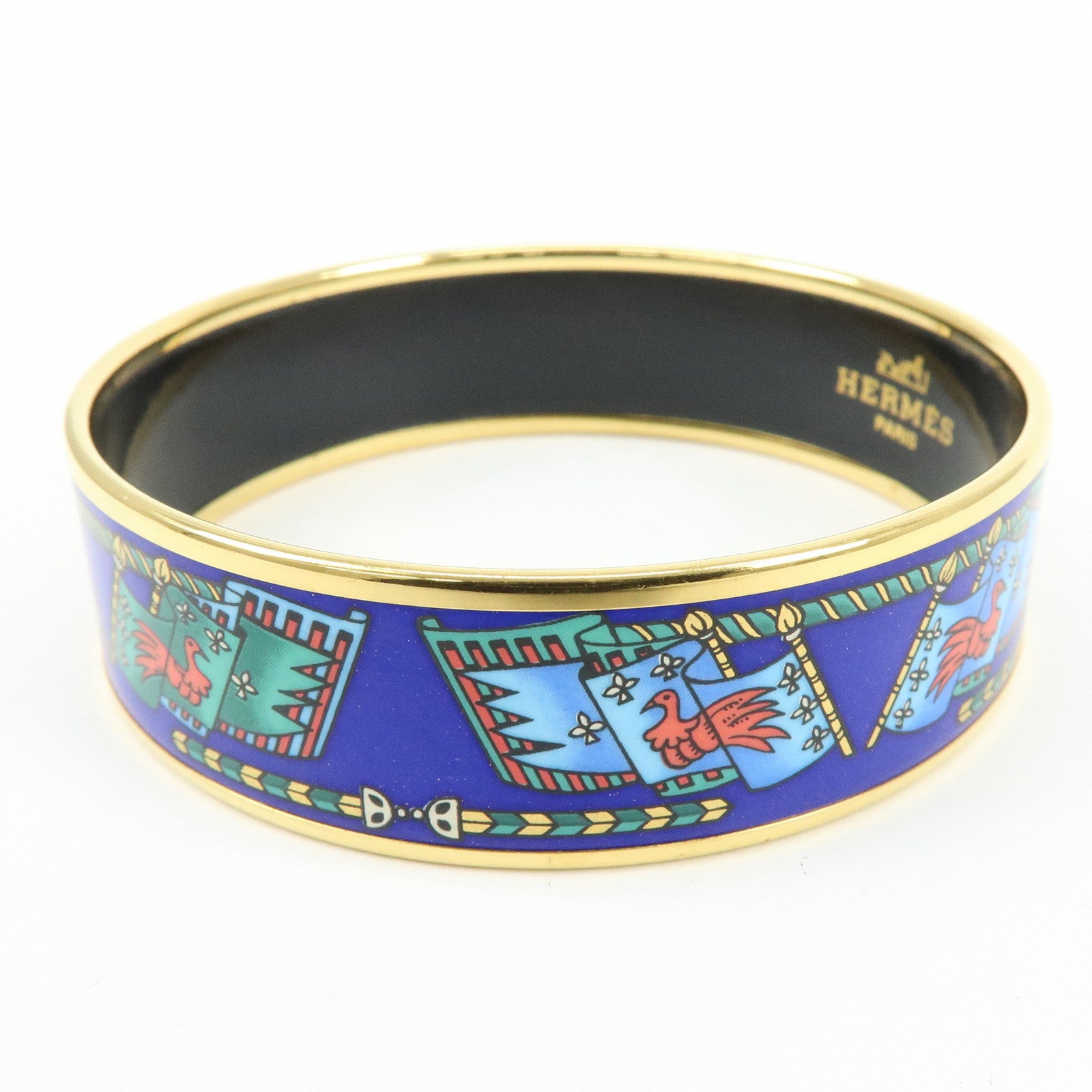 HERMES Email GM Gold Plated Bangle Bracelet Blue Multicolor