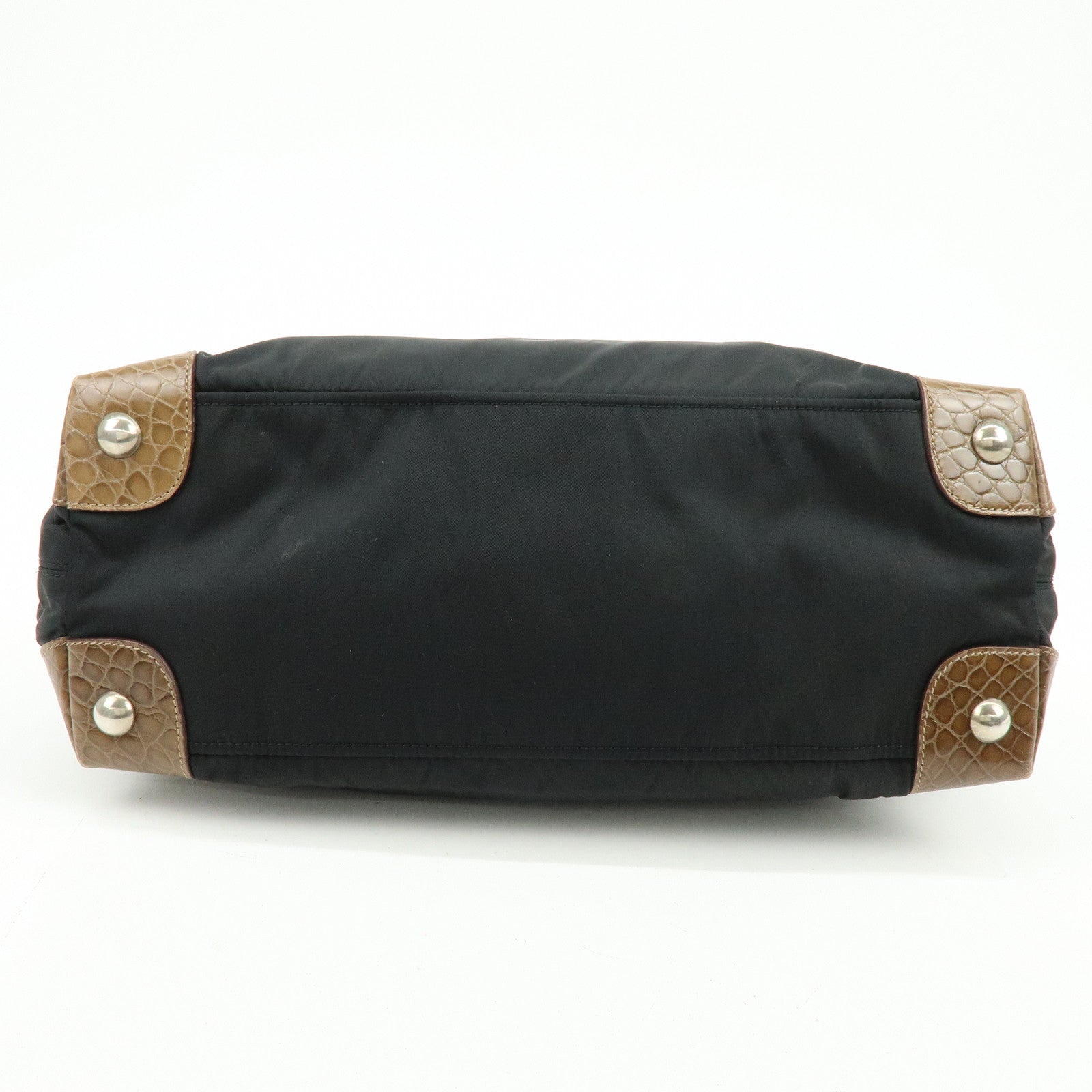 PRADA Triangle Logo Nylon Embossed Leather Tote Bag Black Brown