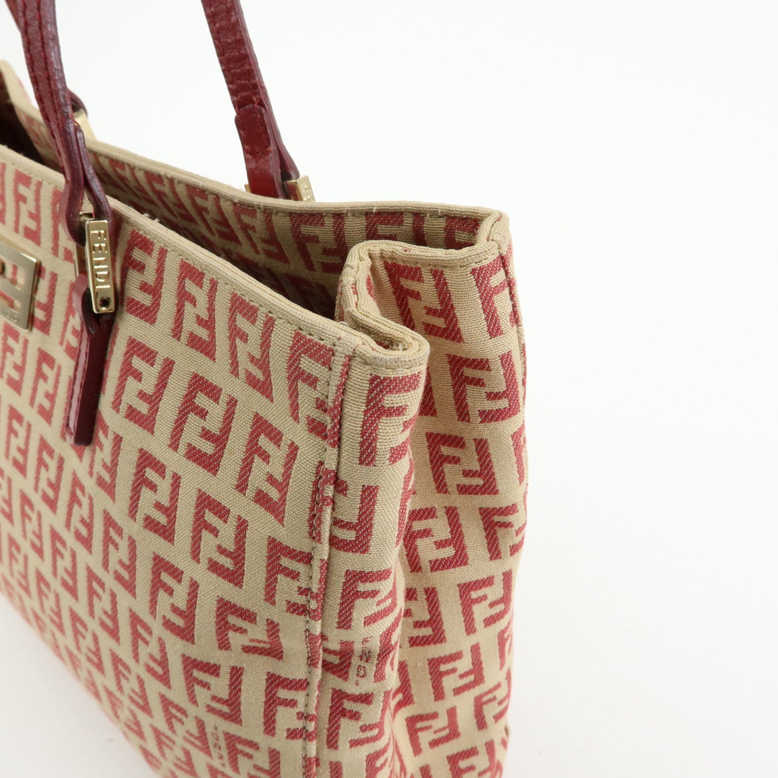 FENDI Zucchino Canvas Leather Hand Bag Tote Bag Beige Red 8BH132