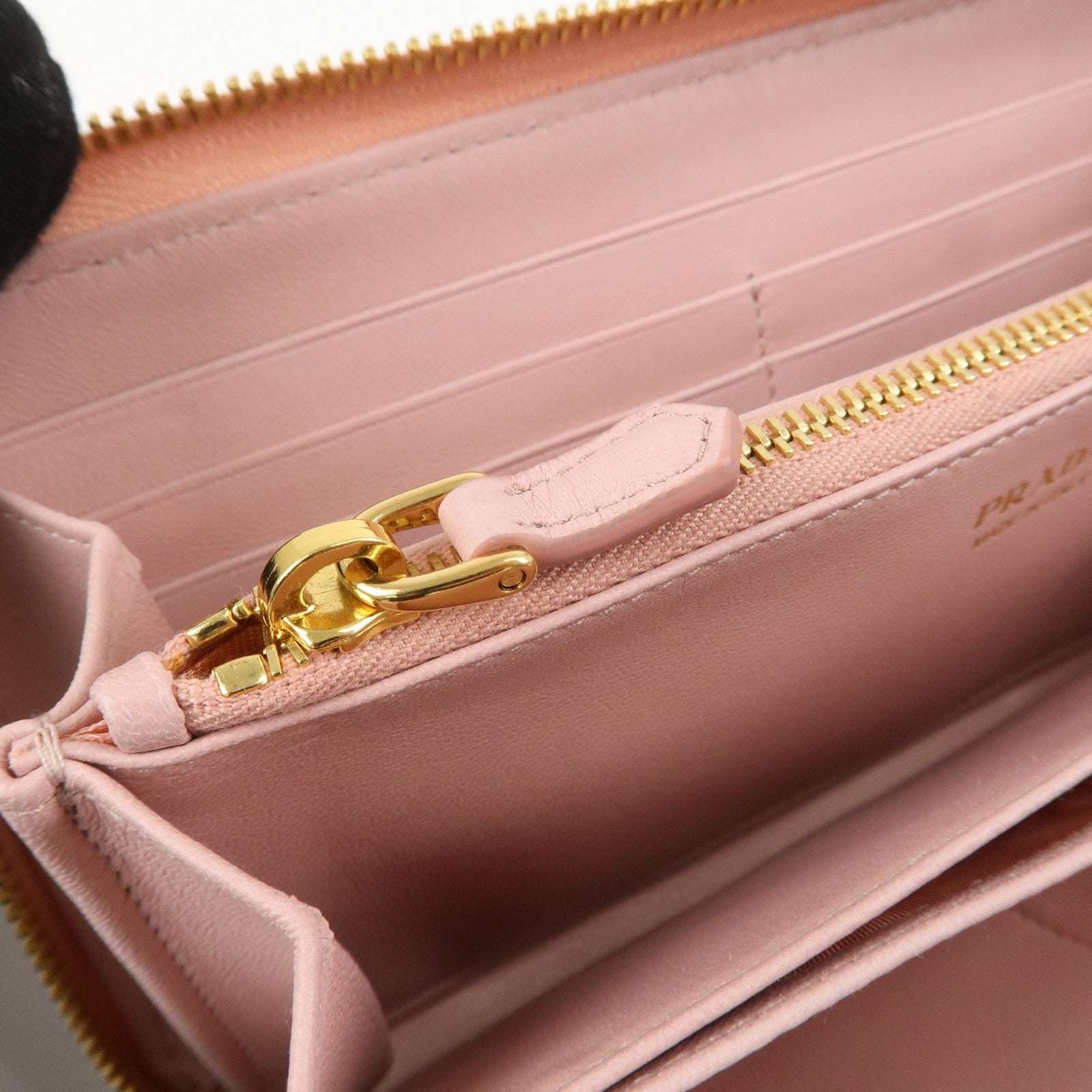 PRADA Leather Gather Round Zippy Wallet Gold Hardware Pink 1M0506 Used