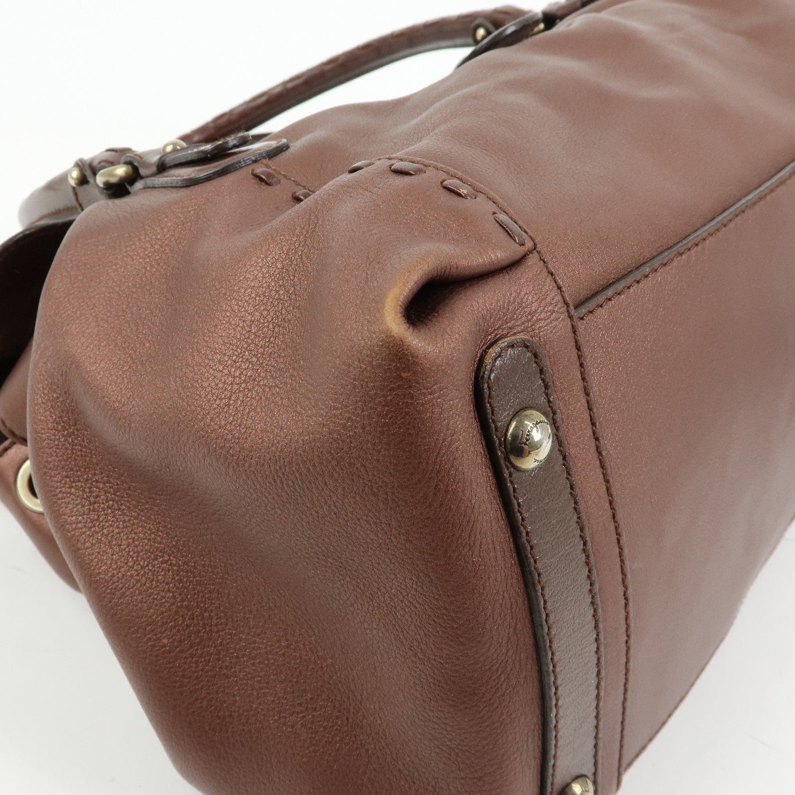 Ferragamo Gancini Leather 2Way Bag Hand Shoulder Bag Metallic Brown