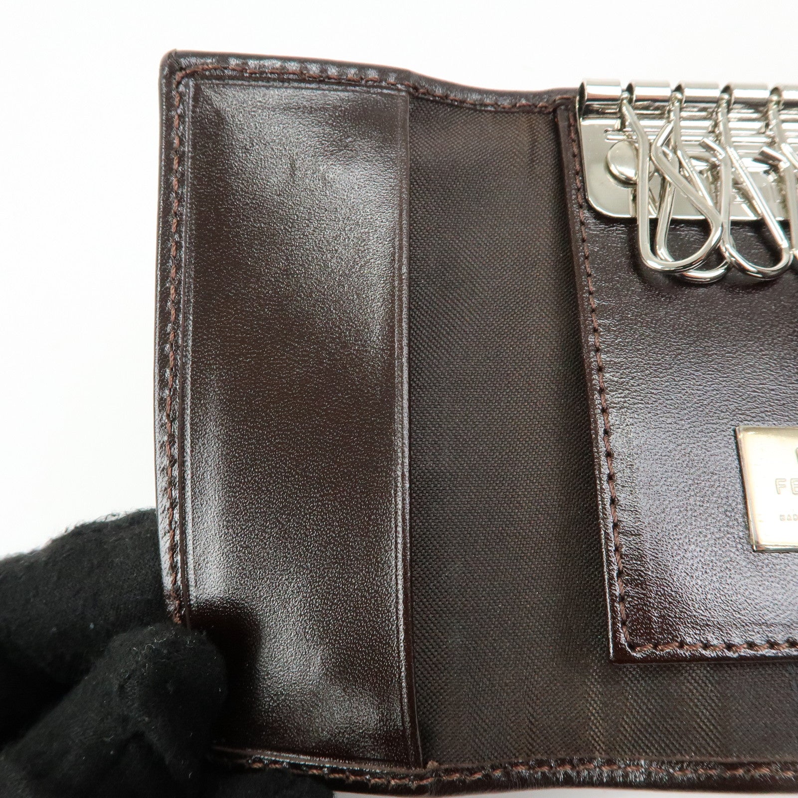 FENDI Zucca Canvas Leather 6 Rings Key Case Brown Black 513516