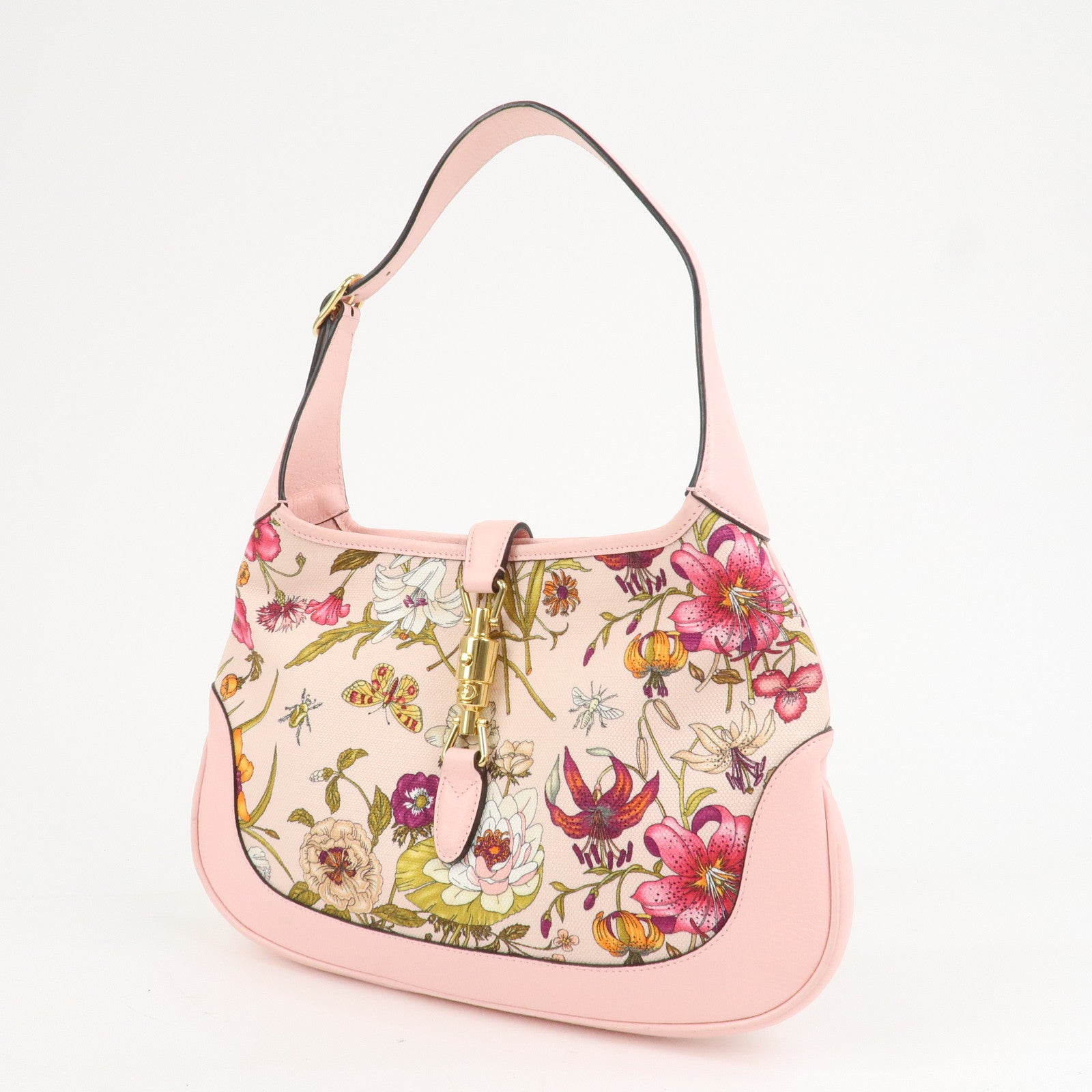 GUCCI New Jackie Flora Canvas Leather Shoulder Bag Hand Bag Pink 550152
