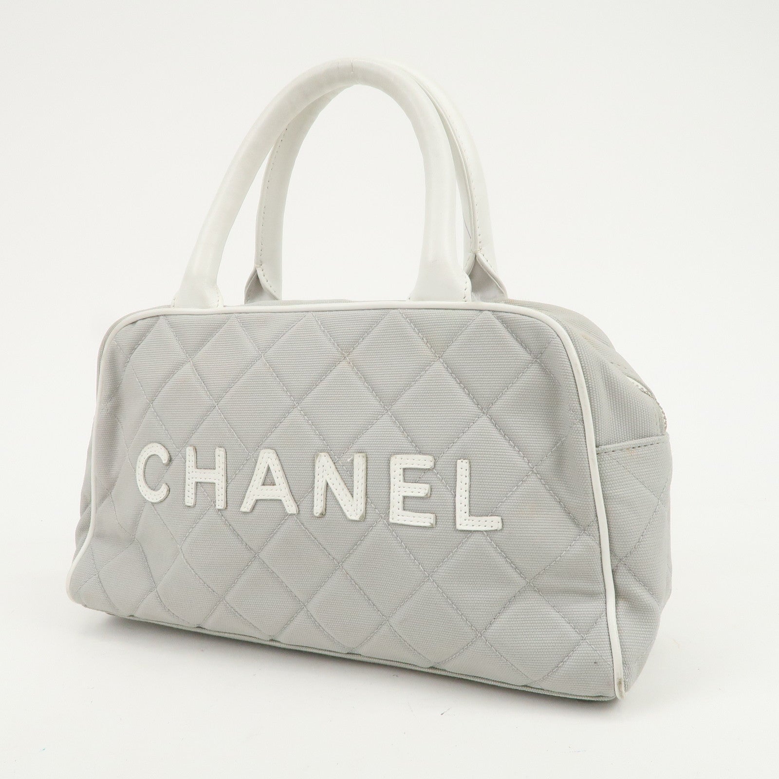 CHANEL Sport Line Canvas Leather Boston Bag Hand Bag Gray White