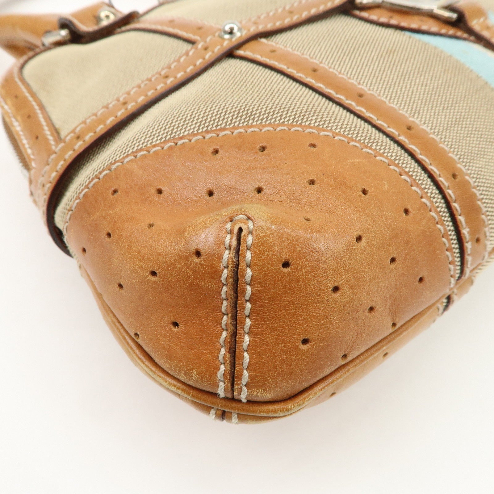 GUCCI Interlocking G Sherry Leather Canvas Hand Bag Beige 114882 Used