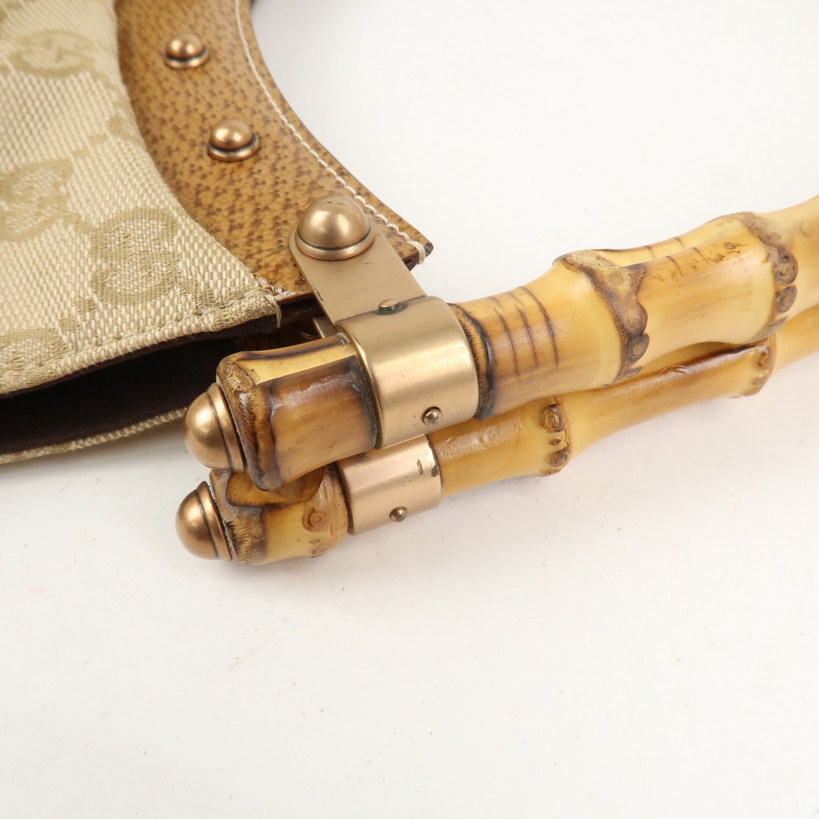 GUCCI Bamboo GG Canvas Leather Shoulder Bag Hand Bag Beige 124293