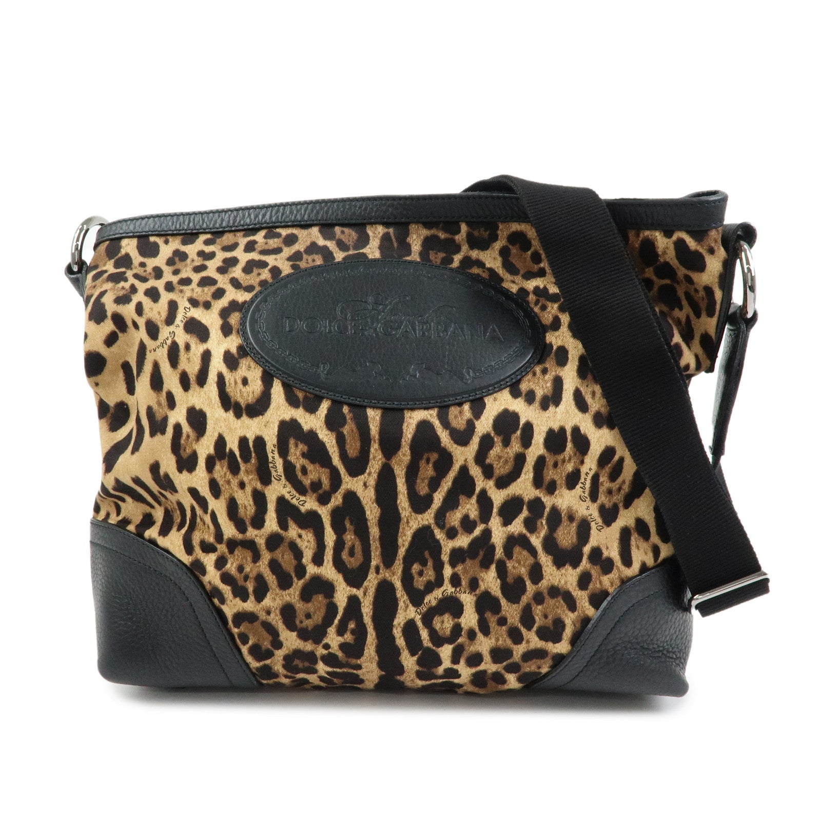 DOLCE & GABBANA Canvas Leather Shoulder Bag Leopard Brown Black
