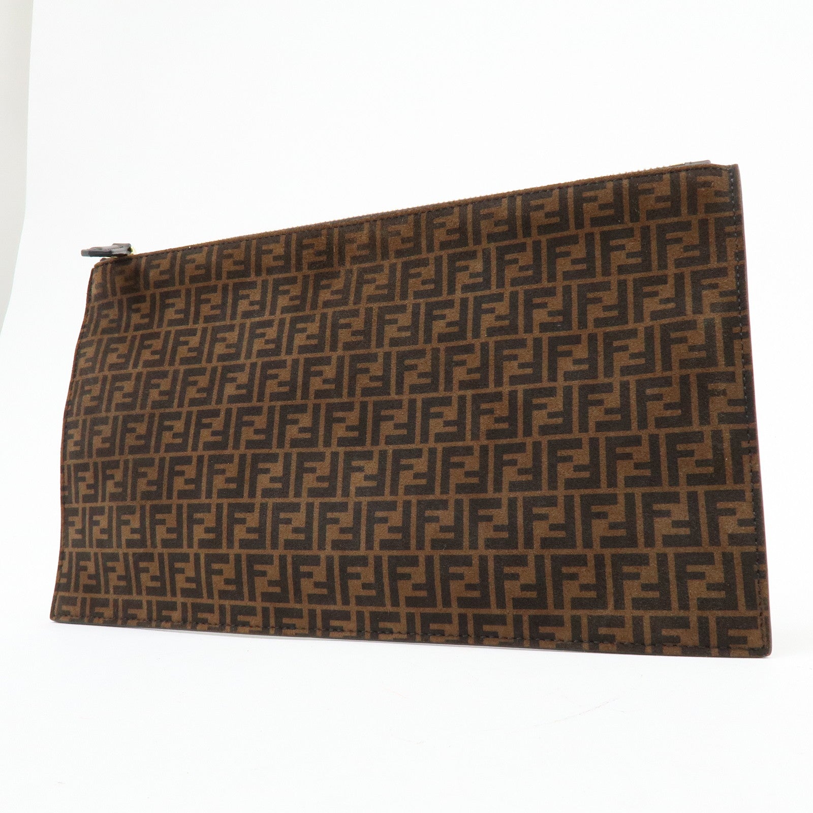 FENDI Zucchino Suede Leather Clutch Bag Flat Pouch Brown 8N0149