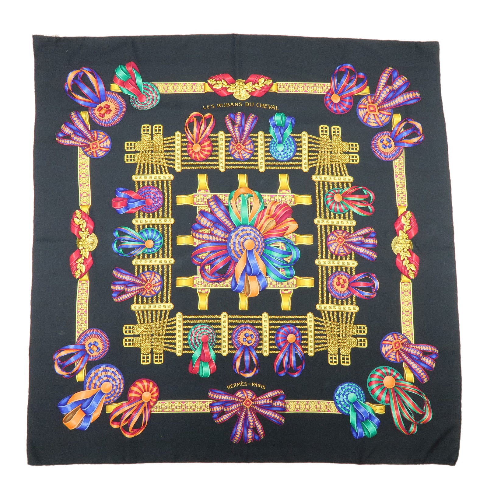HERMES Carre 90 Silk 100% Scarf LES RUBANS DU CHEVAL Black