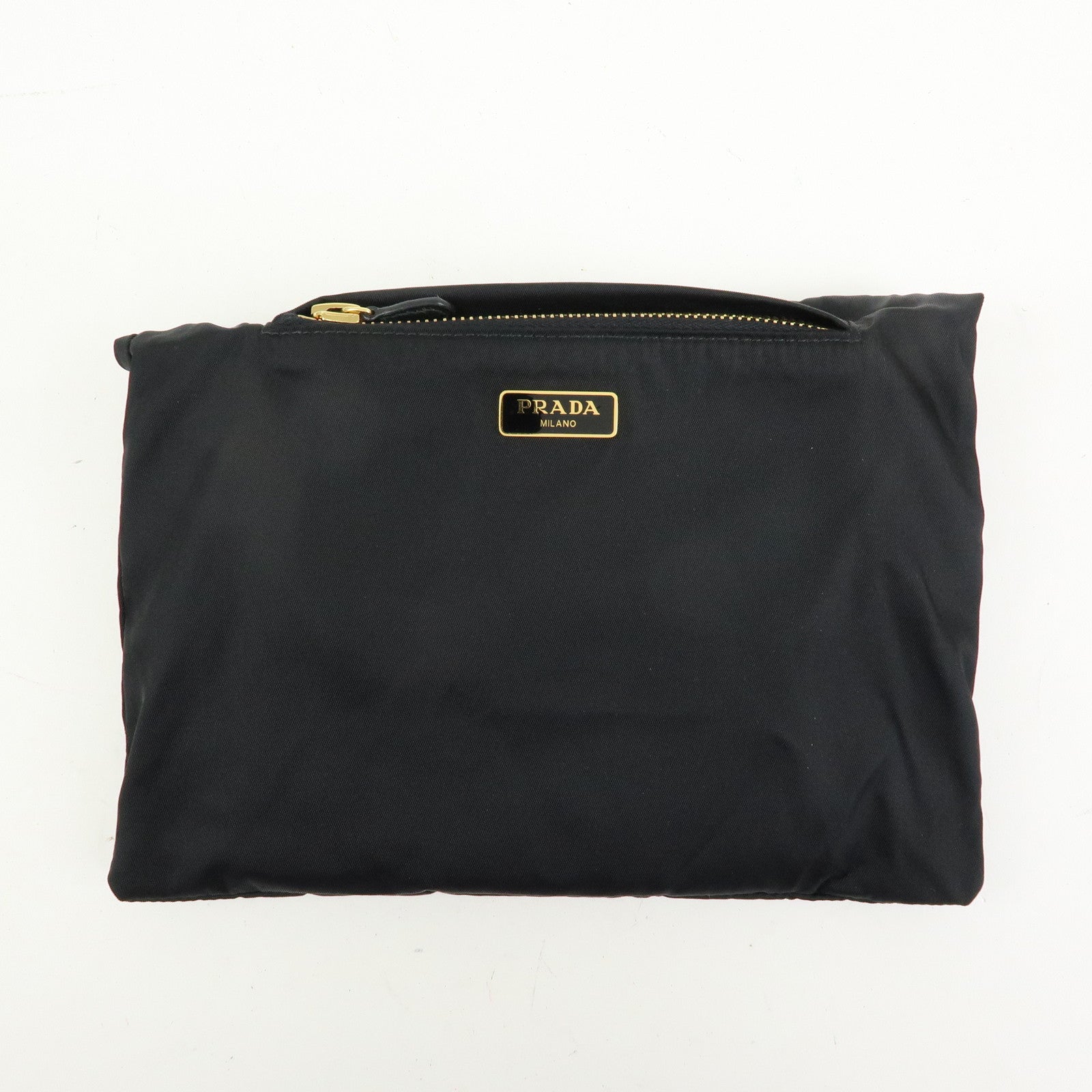 PRADA Triangle Logo Nylon Saffiano Leather Drawstring Pouch Black