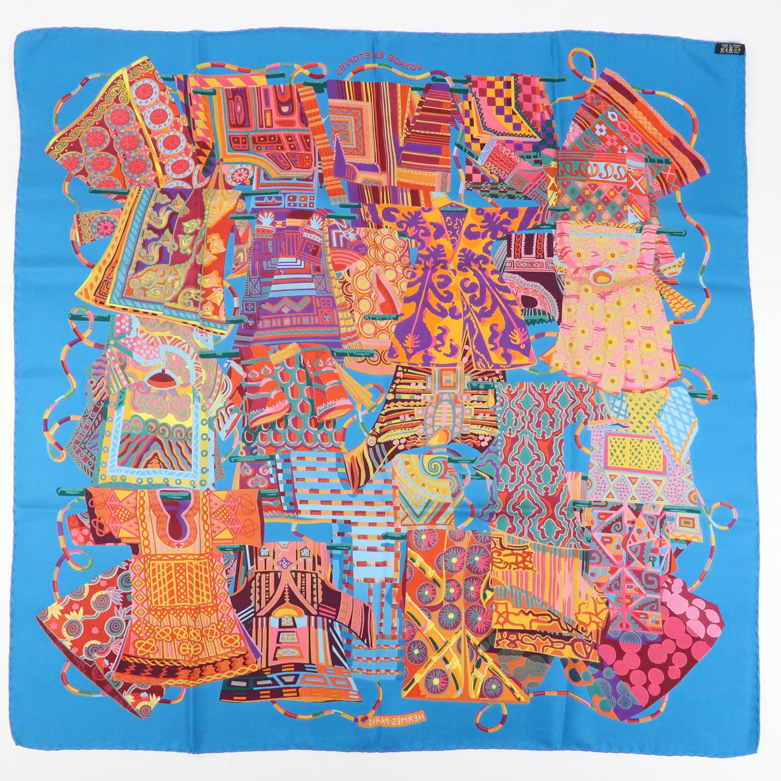 HERMES Carre 90 Silk 100% Scarf VOYAGE EN ETOFFES Blue Orange Pink