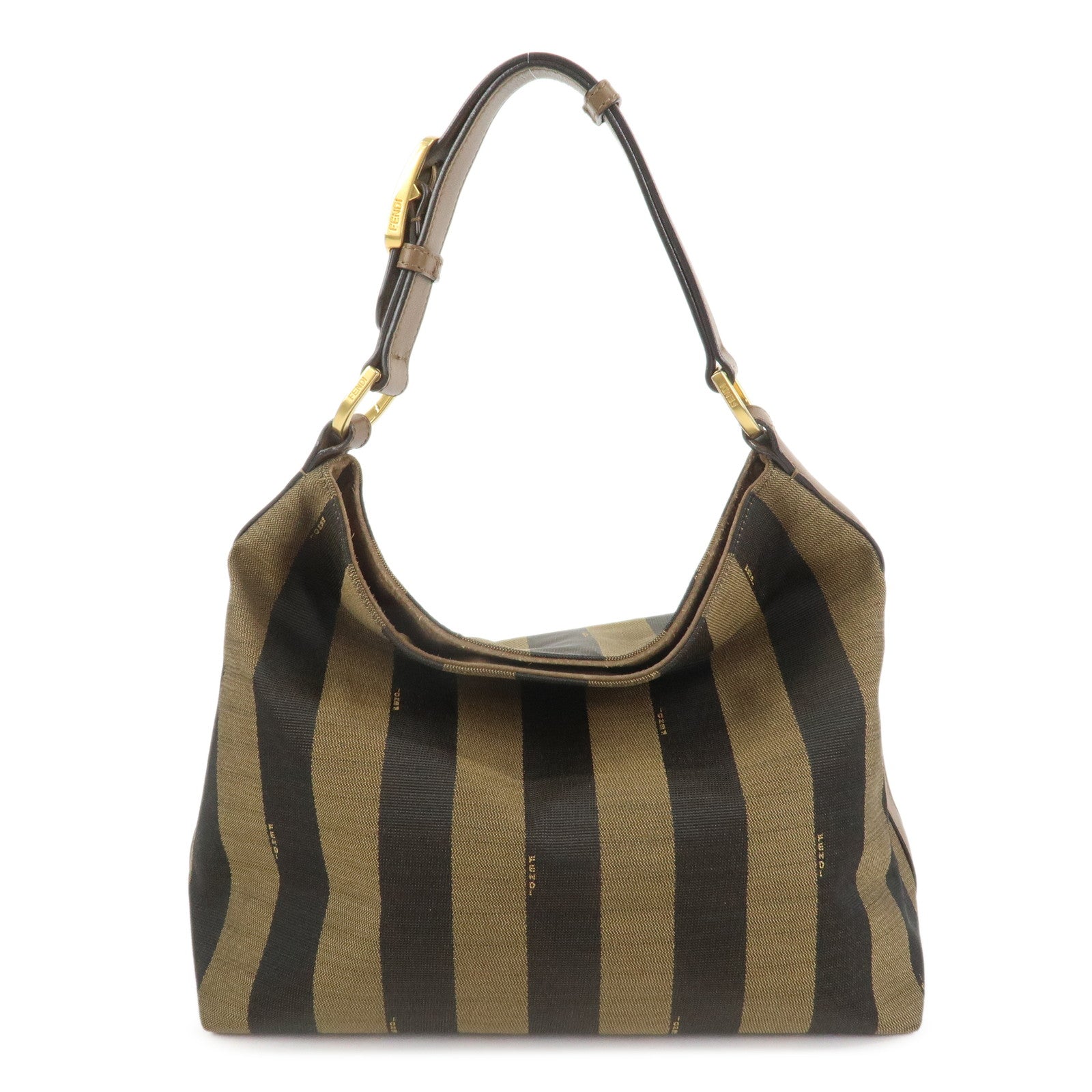 FENDI Pecan Canvas Leather Shoulder Bag Brown Black 8BR669