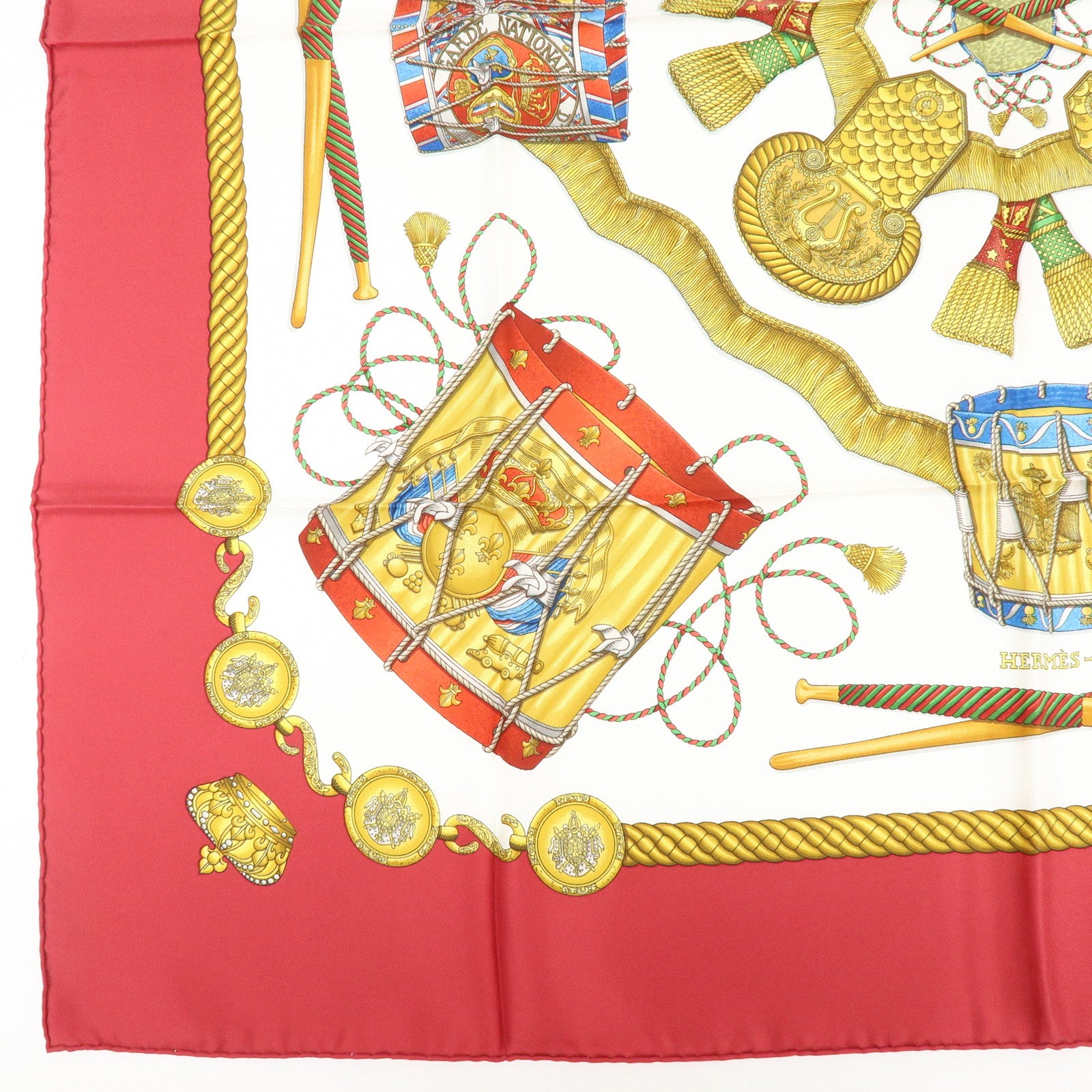 HERMES Carre 90 Silk 100% Scarf  LES TAMBOURS Red Gold