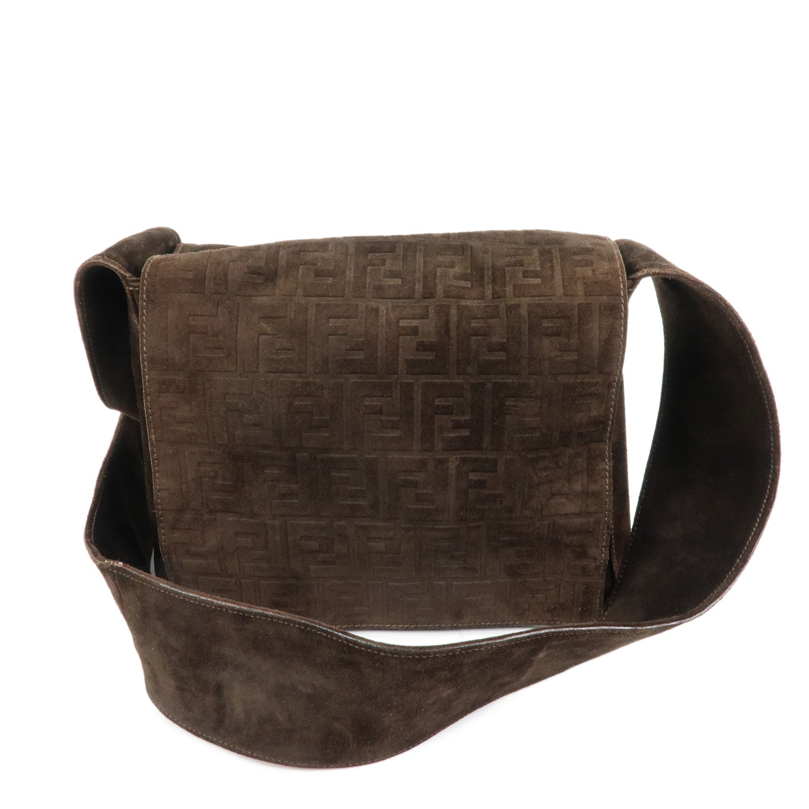 FENDI Zucca Suede Flap Shoulder Bag Crossbody Bag Brown